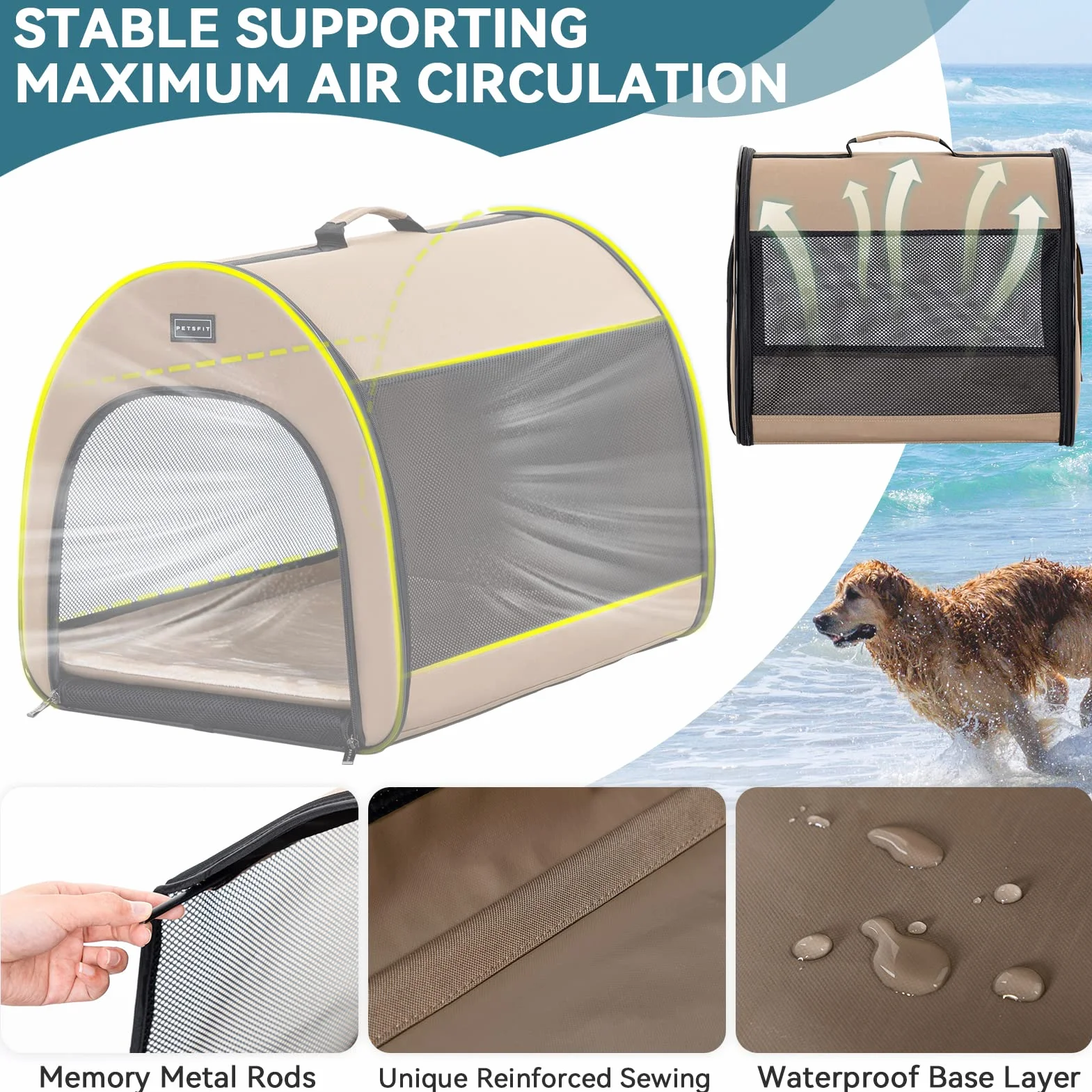 Petsfit Cage pour Chien Pliable pour Petits Chiens et Chats, Cage Chien à Domicile avec Design bombé, Caisse de Transport Chien avec Fermeture éclair Anti-Ouverture et Coussin en Peluche,S,Kaki