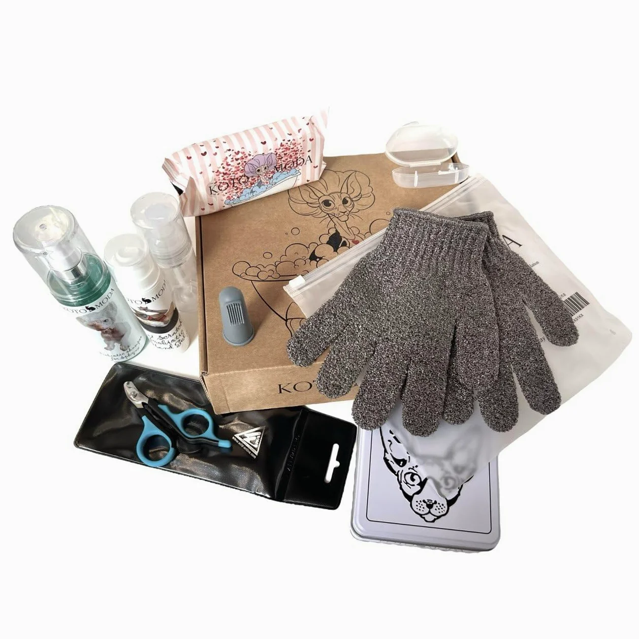 Kit Ultime pour Chaton Sphynx : Kit de Soins Complet pour Votre Compagnon Nu (shampoing, lingettes humides, Gants de Bain, Coupe-Ongles, Bonnets de Douche, Brosse à Dents pour Les Doigts)
