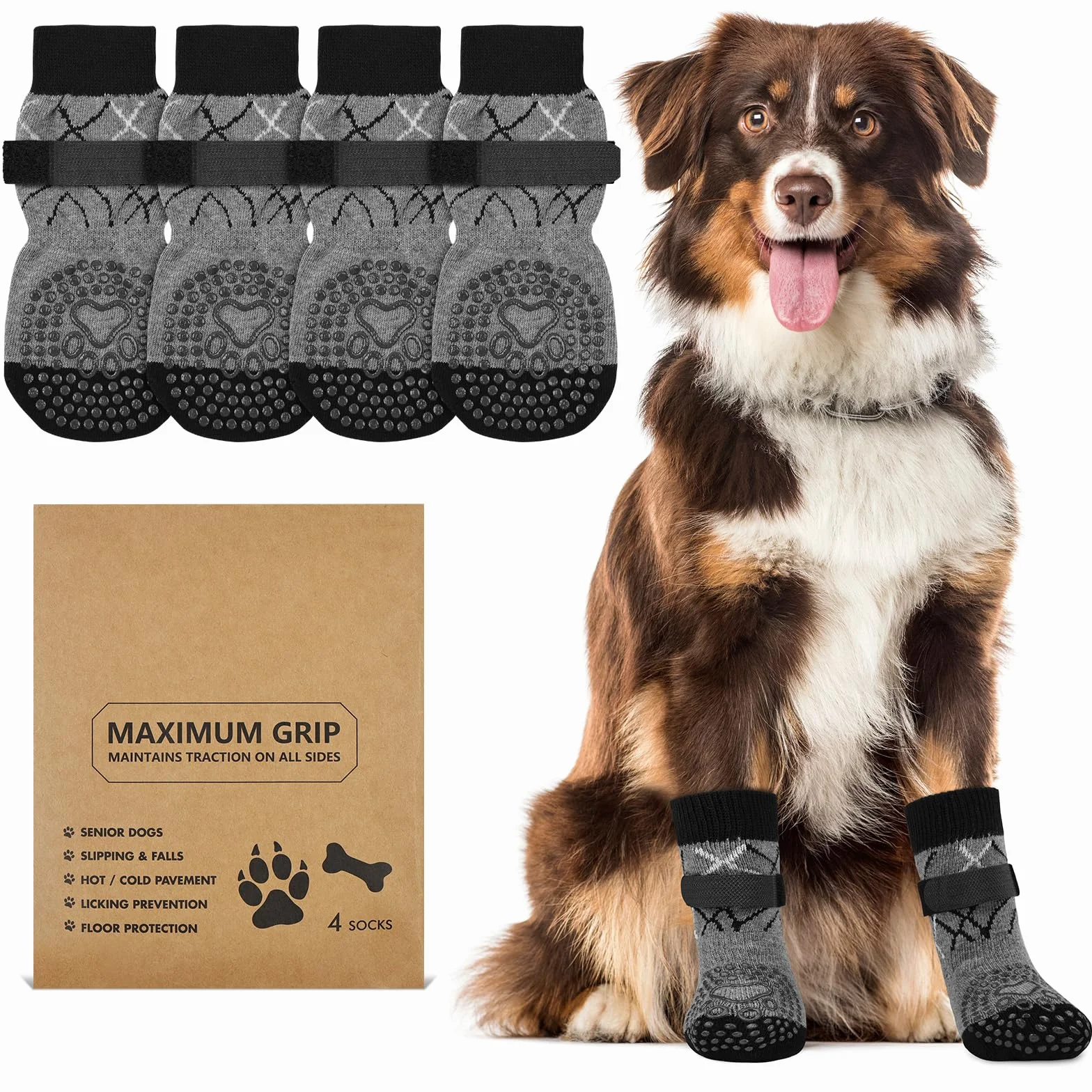 Chaussettes Antidérapantes pour Chien 2 Paires Réglables Protège-Pattes Double Face XS