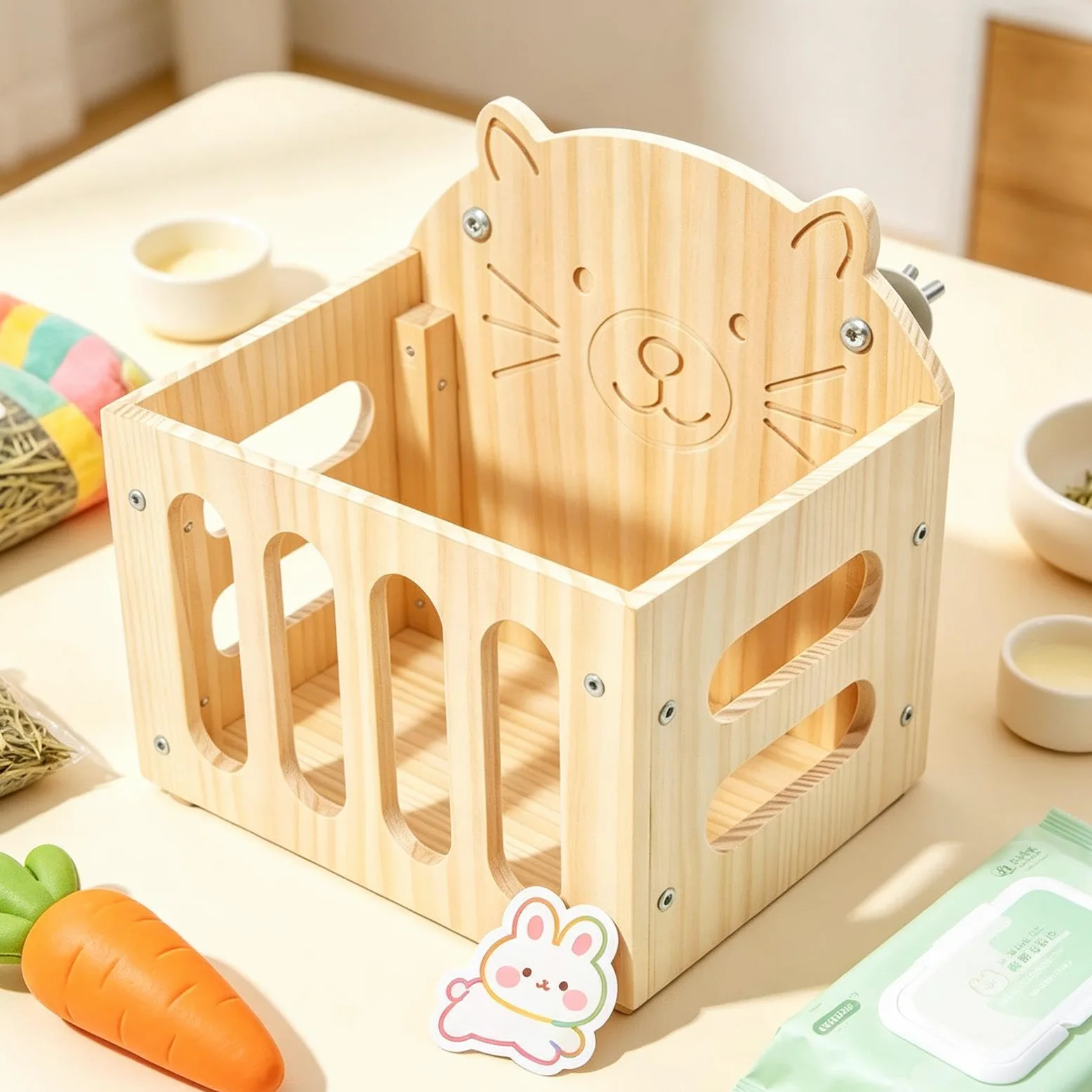 Râtelier à Foin Grande capacité Mignon décor Cage en Bois | porte-foin pour hamster en forme de chat Pour Chinchilla Et Hérisson Intérieur Extérieur