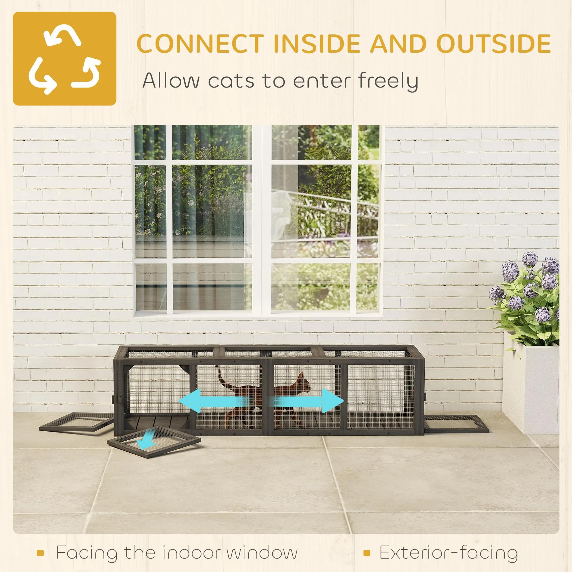 PawHut Tunnel pour Chat d'extérieur 150 cm Enclos de Jeu en Bois Parc Extensible avec 3 Portes pour Chatons Chiots Gris