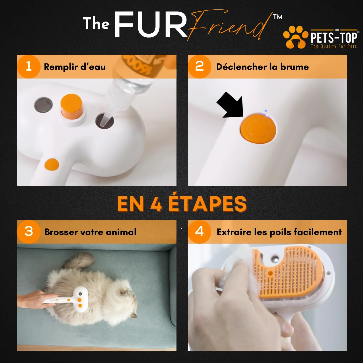 Brosse Chat Vapeur Autonettoyante PETS-TOP - Toilettage Chats et Chiens - Démêlante Poils Longs et Courts