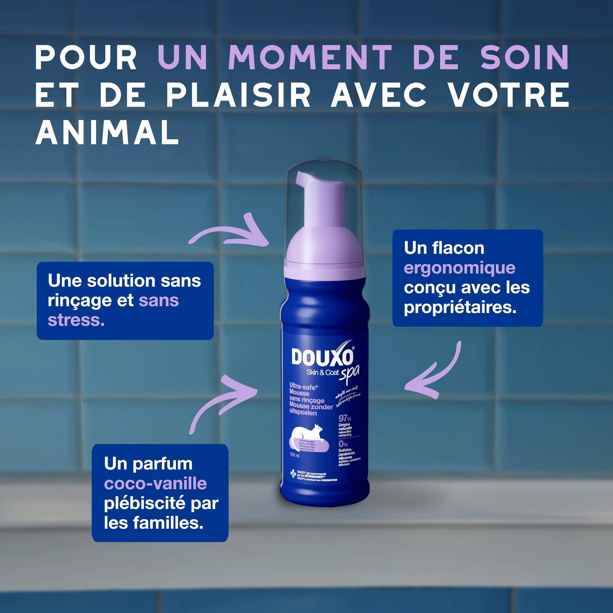 DOUXO Skin & Coat Spa Mousse sans rinçage pour Chat 150 ML nettoie rafraîchit Poil Doux Brillant