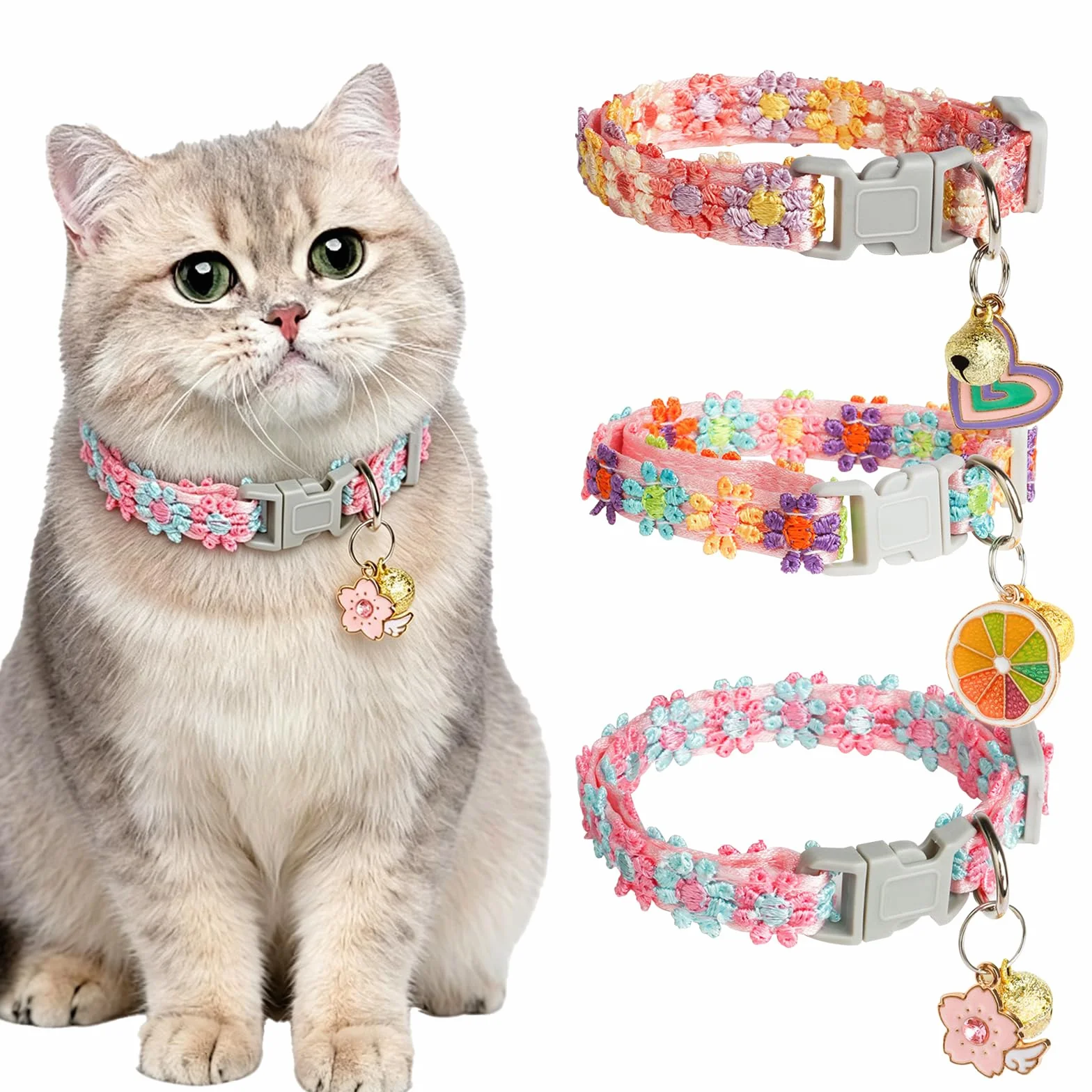 Kit Collier Chat 3 Pièces, Broderie Florale Collier Chaton avec Pendentif et Clochette, Réglable pour Chatons et Petits Chien, Durable