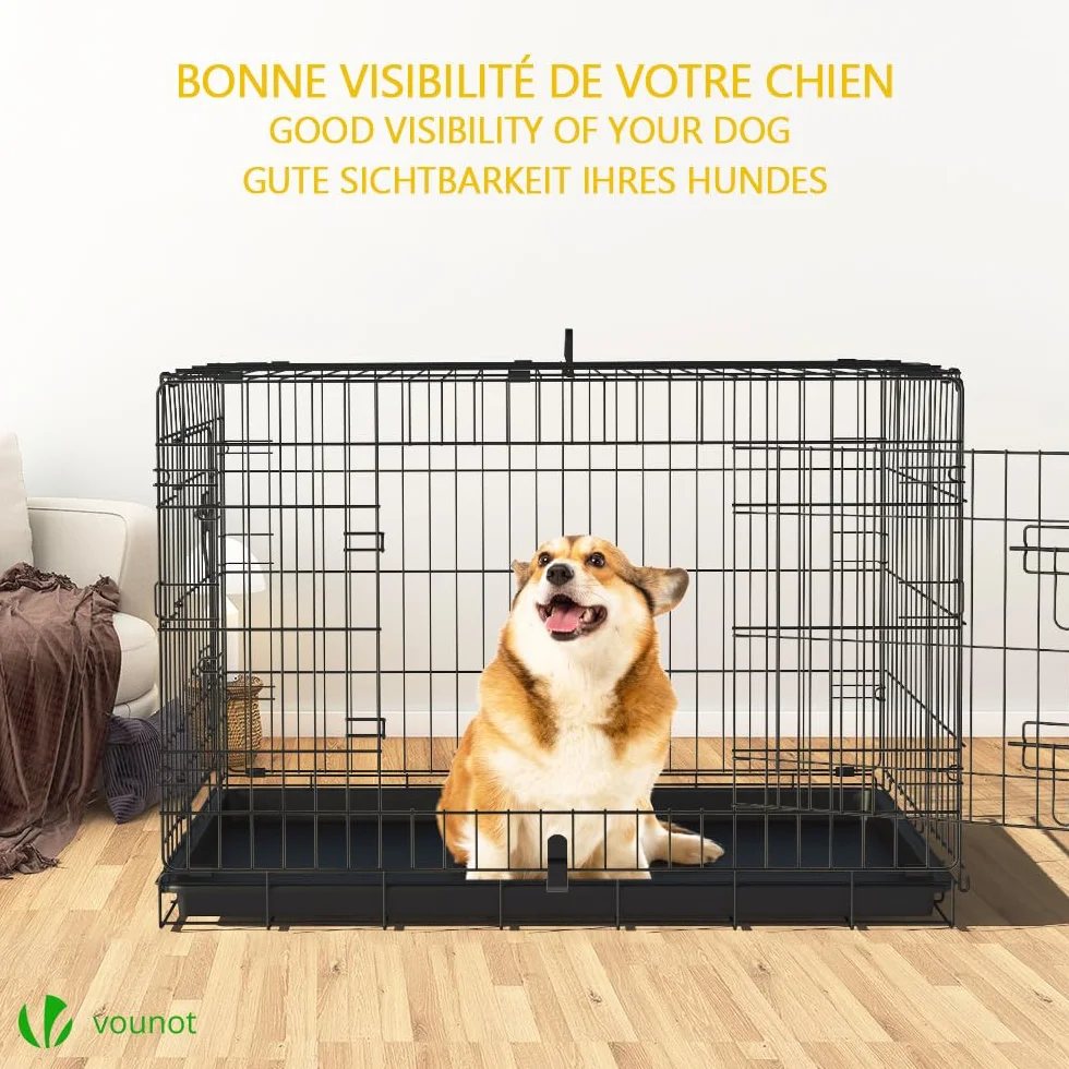 VOUNOT Cage pour Chien Pliable 92x58x64cm Noir avec 2 Portes Verrouillables et Plateau Amovible