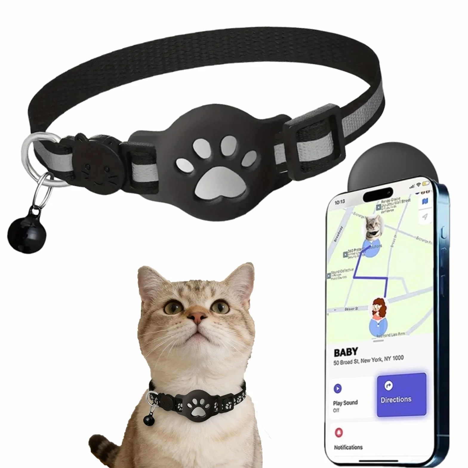 Collier GPS Chat sans Abonnement Traceur Animaux Localisation Temps Réel Étanche Léger Ajustable 19-32 cm Noir