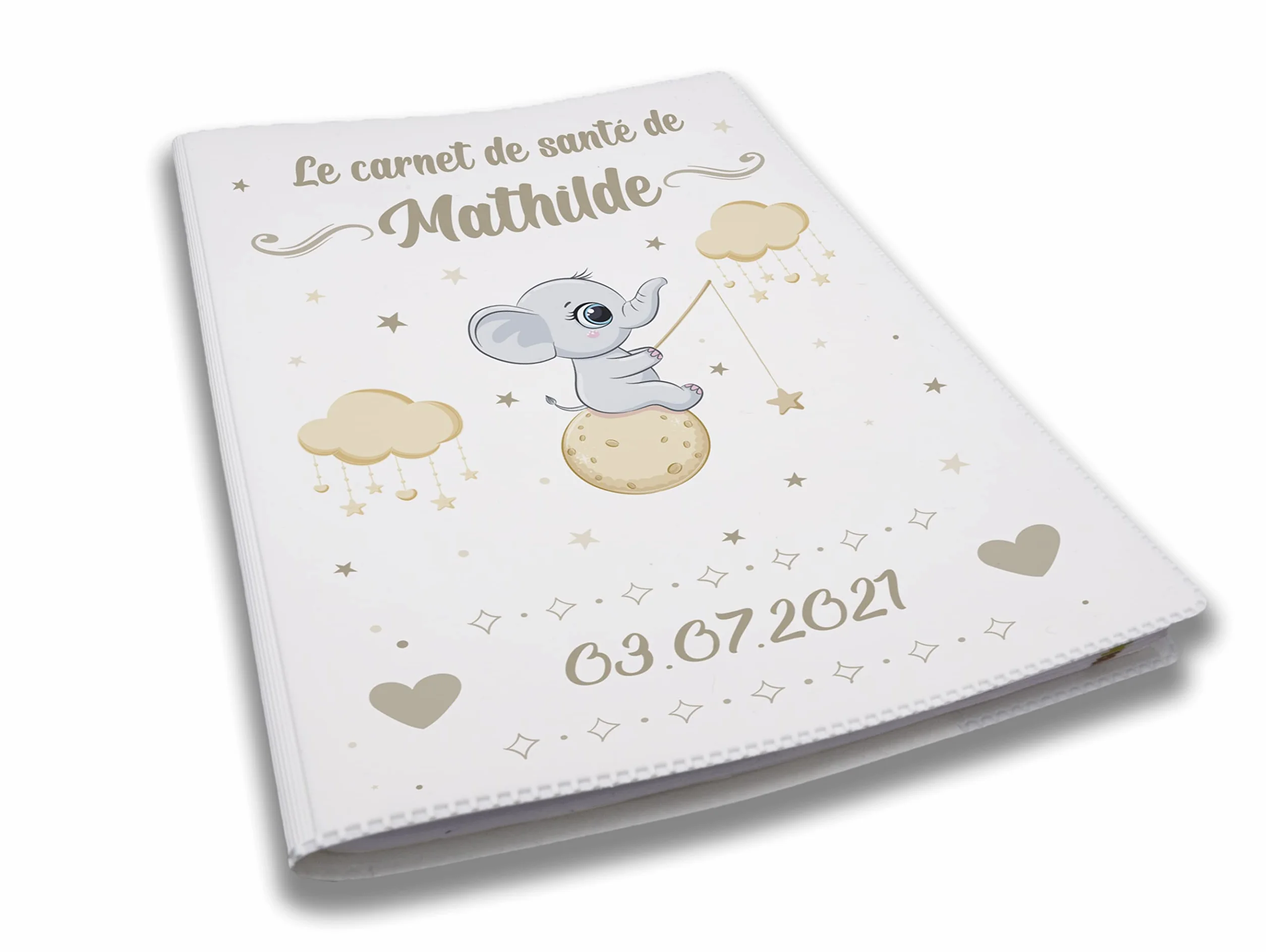 Protège carnet de santé personnalisé bébé, cadeau naissance original, Couverture Éléphant Lune Blanc