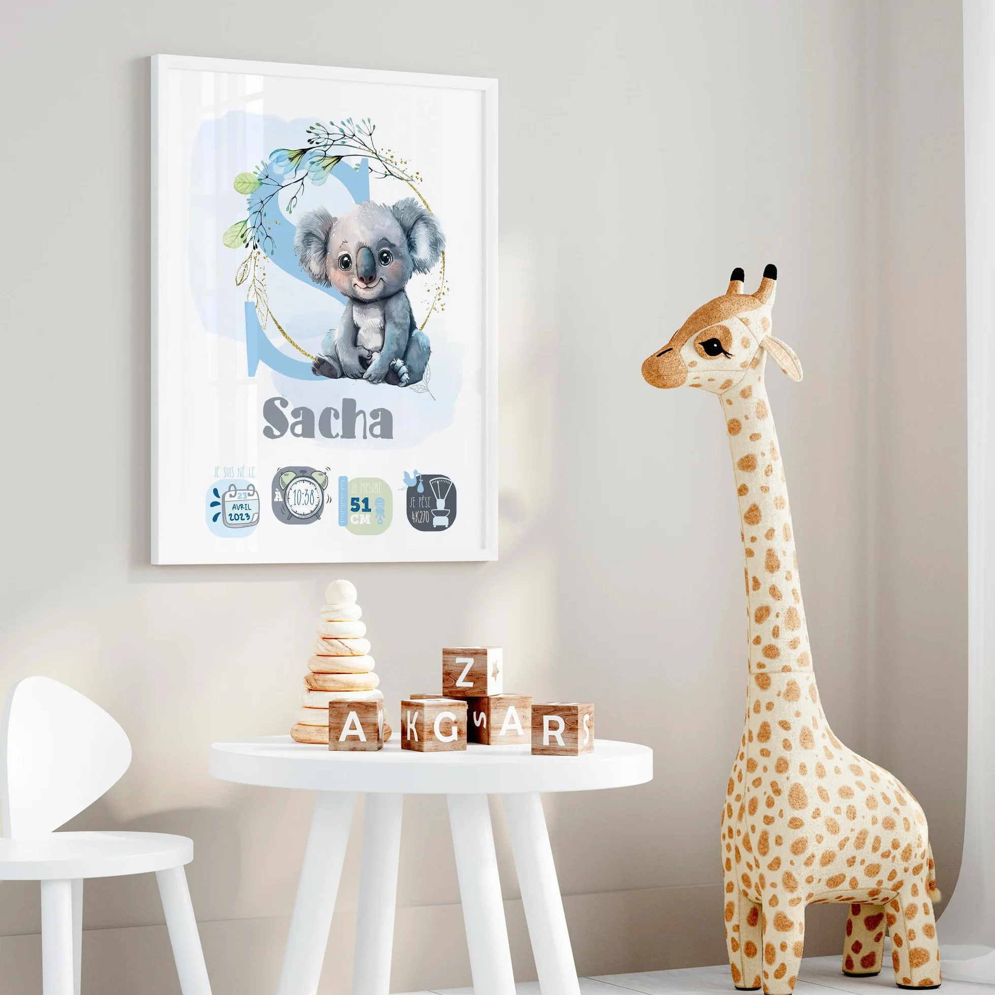 ÉNJA Création Affiche Personnalisée Décoration Murale Bébé Poster Prénom Poids Date Naissance Garçon