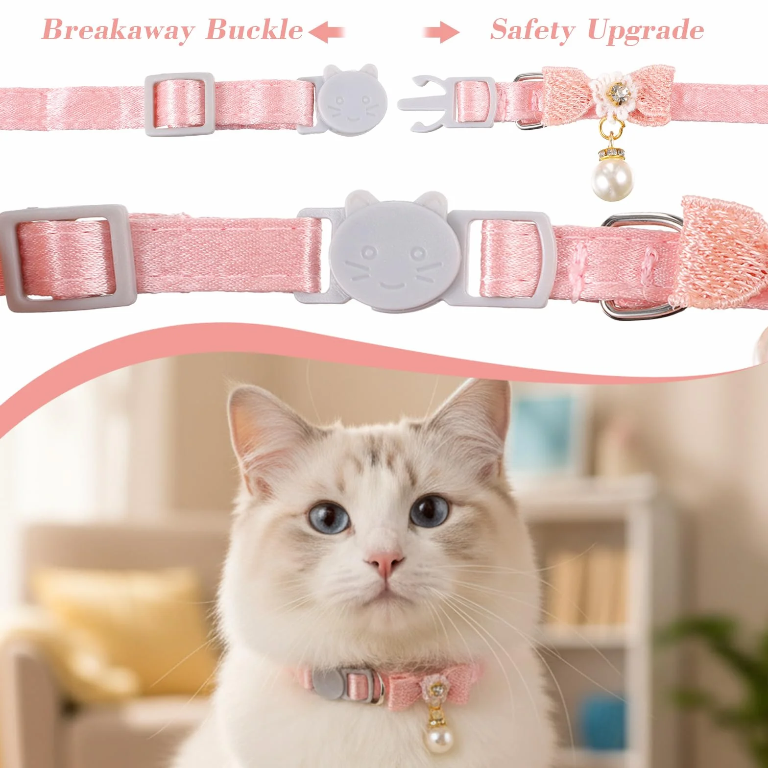 Collier pour chat réglable rose avec pendentif perle, boucle sécurité nœud papillon