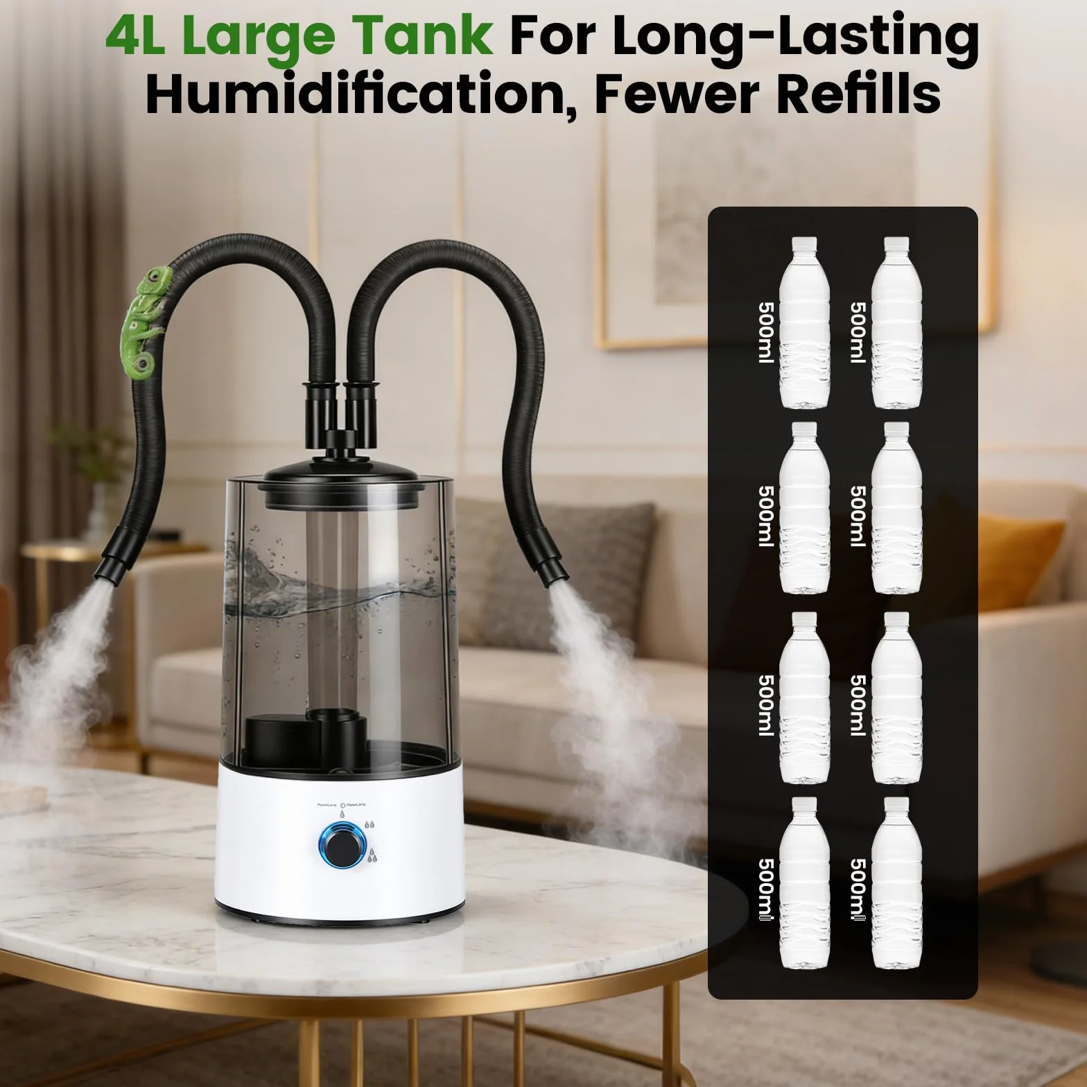 Humidificateur Aérien Reptiles 4L Générateur Brouillard Terrariums Double Tuyau Extensible Réglage Trois Niveaux Taille Pulvérisation Vaporisateur Ultra-Silencieux