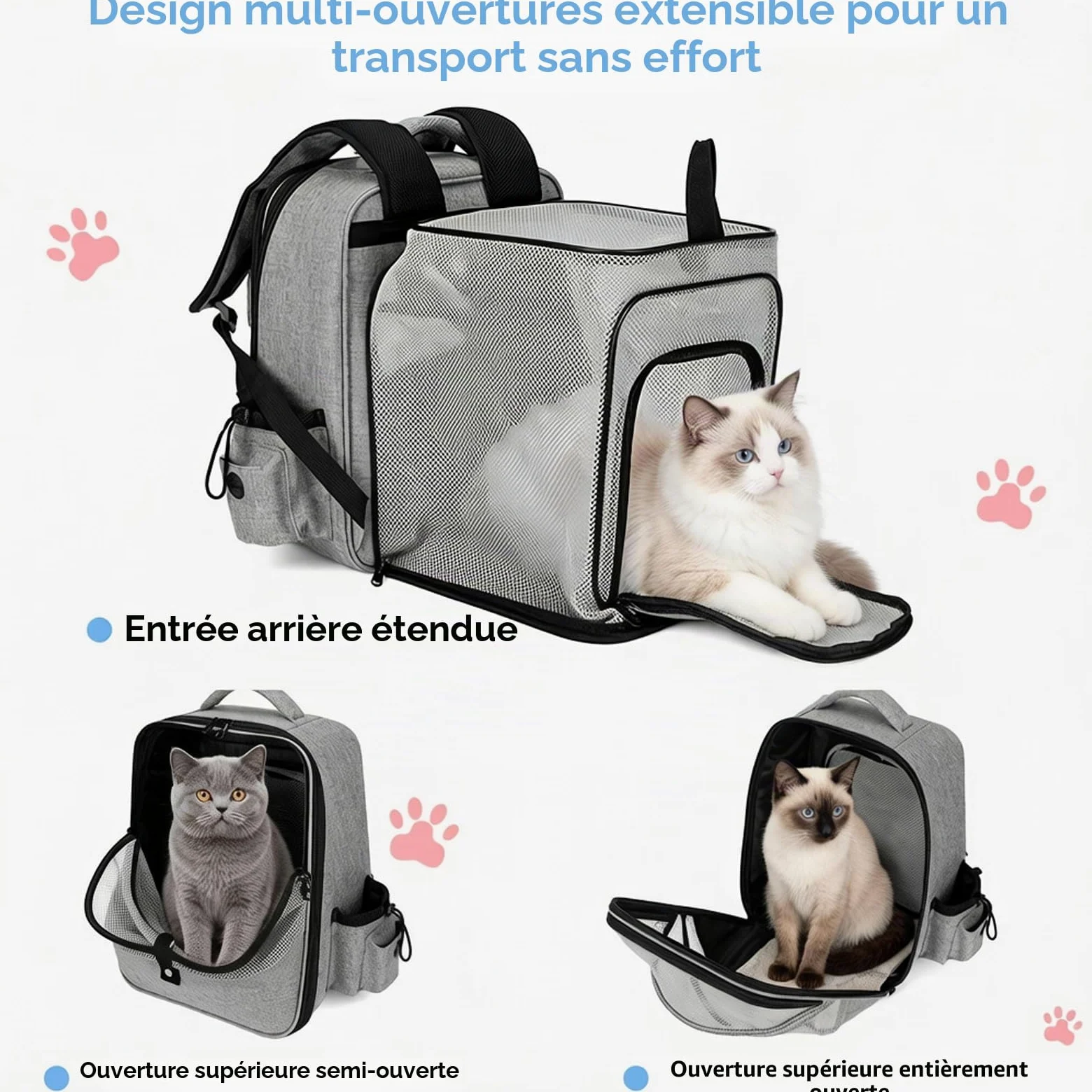 Sac à Dos Extensible pour cha,Sac a Dos Chat Respirant, avec Matelas en Peluche Amovible,pour Animaux de Compagnie jusqu'à 15 kg,Portable Sac Chat Transport pour Voyage, Achats,Gris