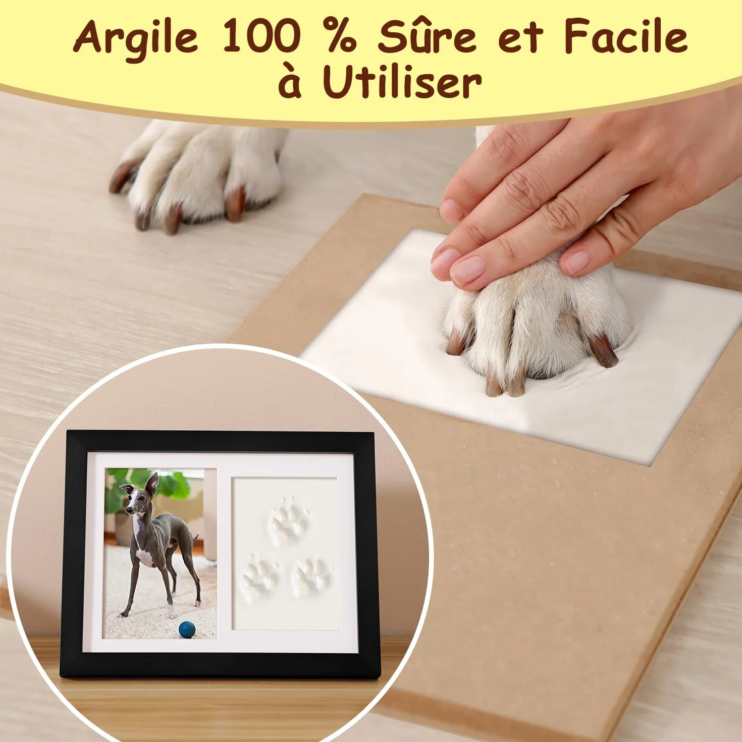 Cadre Photo Empreinte Chien Chat avec Kit d'Impression Argile, Souvenir 6x4 - Noir