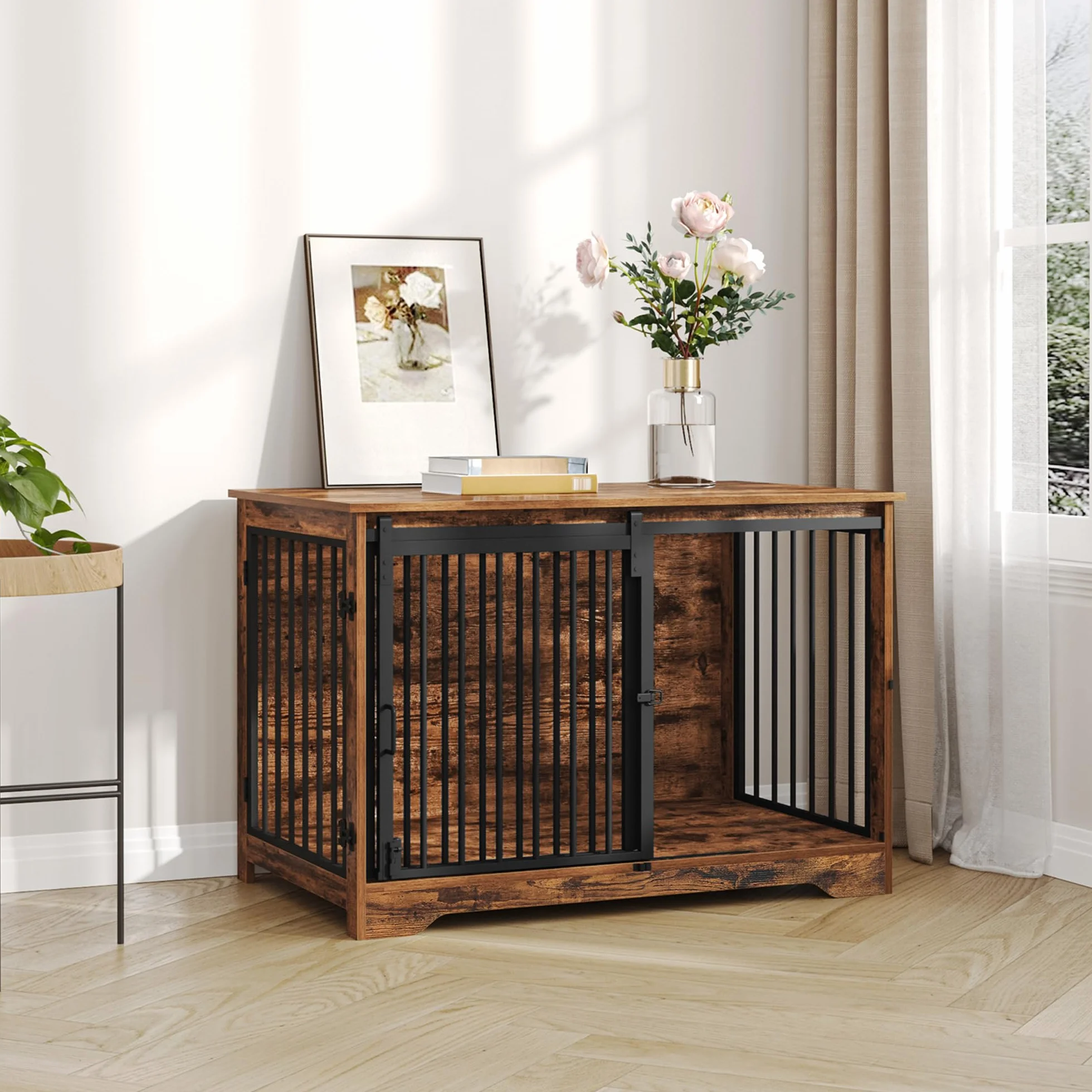 Hzuaneri Cage pour Chien 100 cm Meuble Cage Chien Interieur avec Porte Coulissante 2 Portes Niche Moderne Marron Rustique