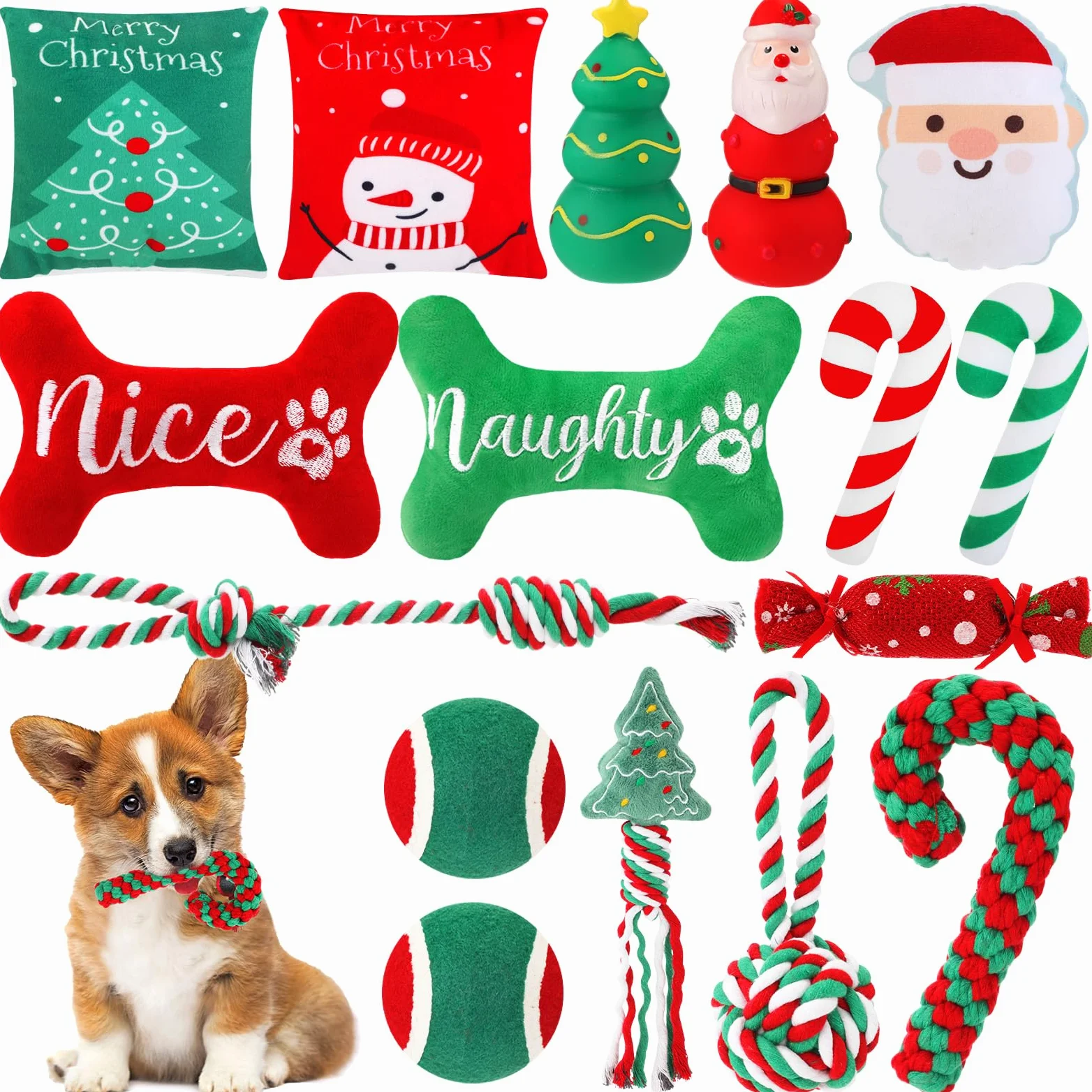 Lot de 16 jouets de Noël pour chien - Jouets couineurs en corde à mâcher pour chiens de petite, moyenne et grande taille - Cadeau de dentition