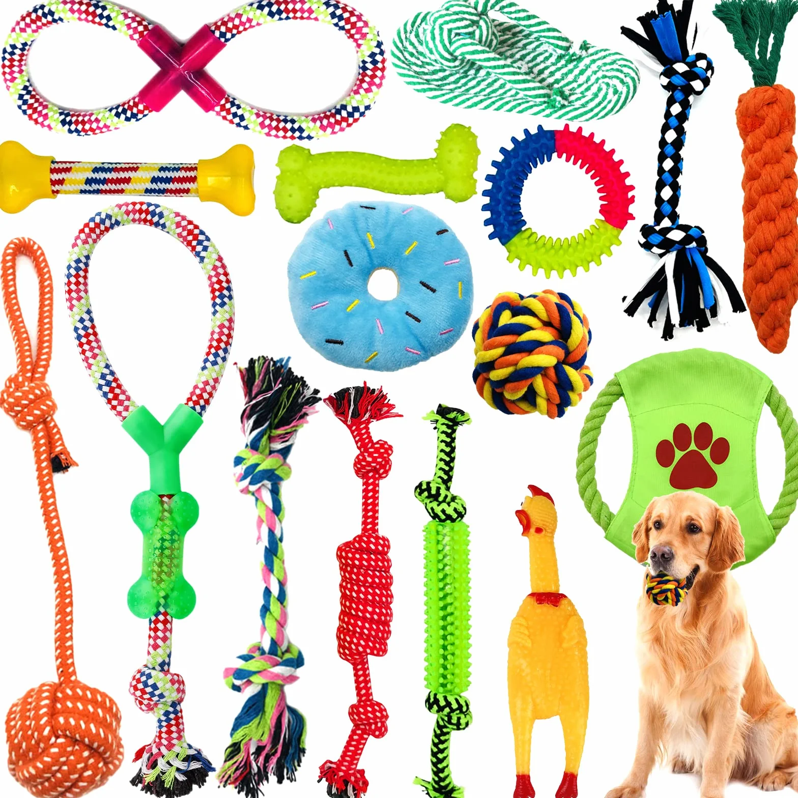 Amzeeniu Ensemble Lot de 16 PCS Jouet à Mâcher Corde pour Chiens, Jouet Interactif Chien Corde Balle