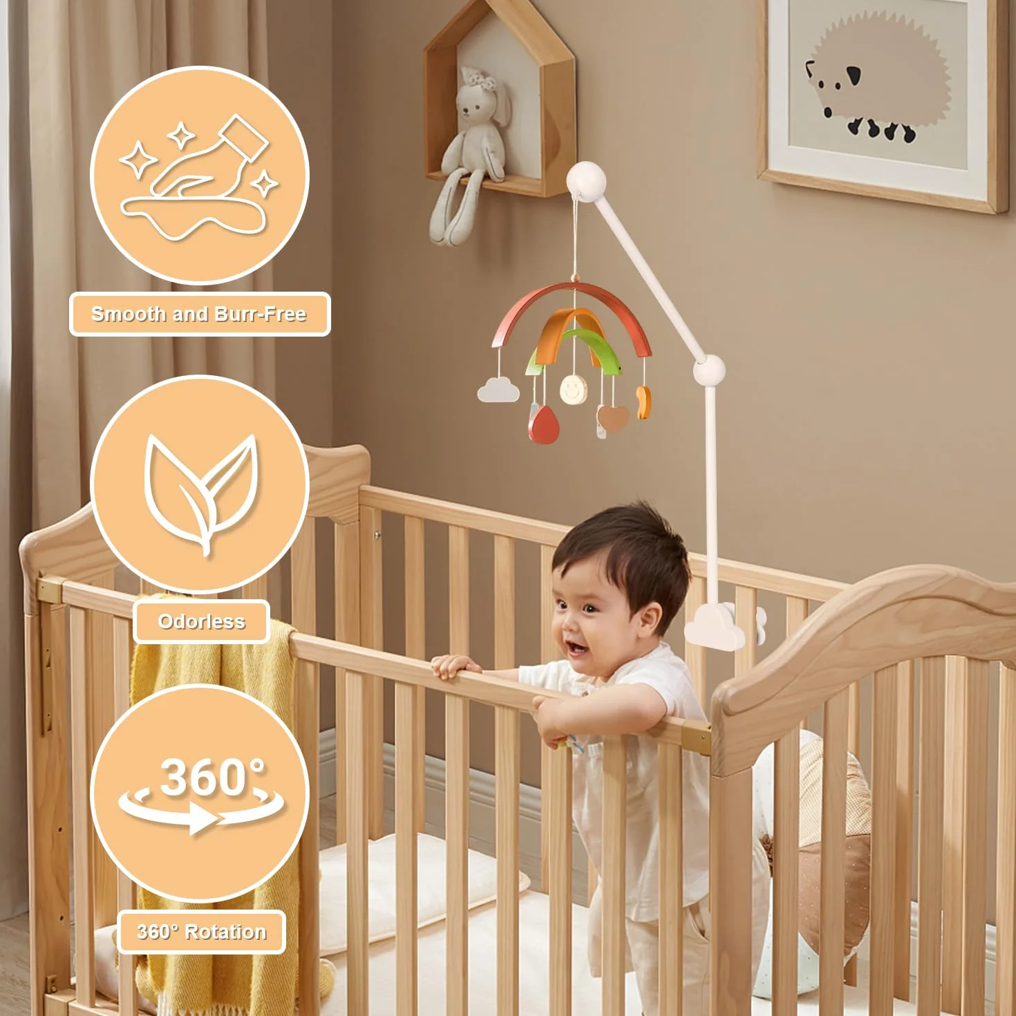 Support Mobile Bébé Réglable en Hauteur, Bras Rotatif, Base Nuage pour Berceaux et Tables à Langer