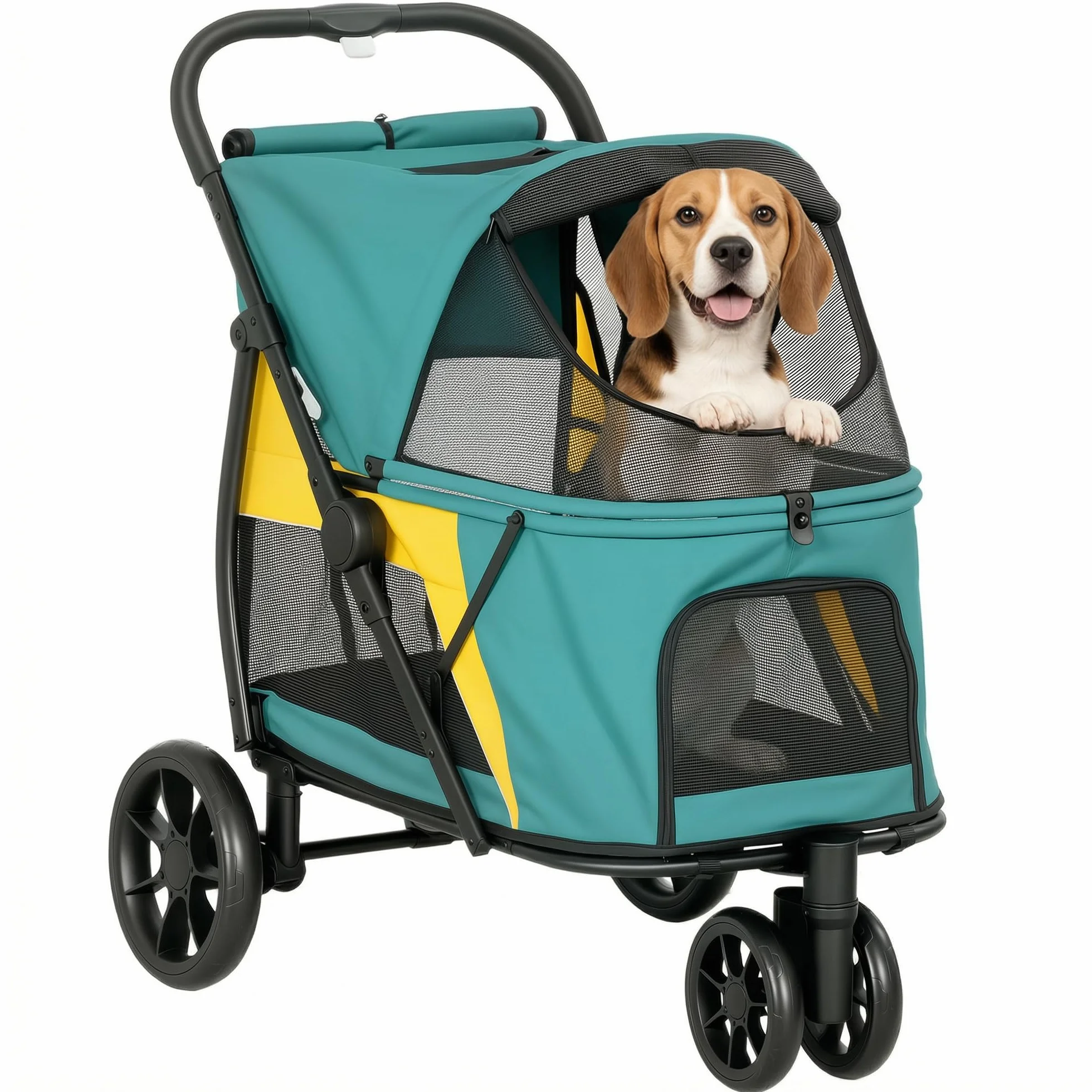 PawHut Poussette pliable pour chien jusqu'à 20 kg avec coussin lavable, fenêtre en filet, 3 roues, porte, poche arrière, poussette pour animaux de compagnie de petite et moyenne taille, vert foncé