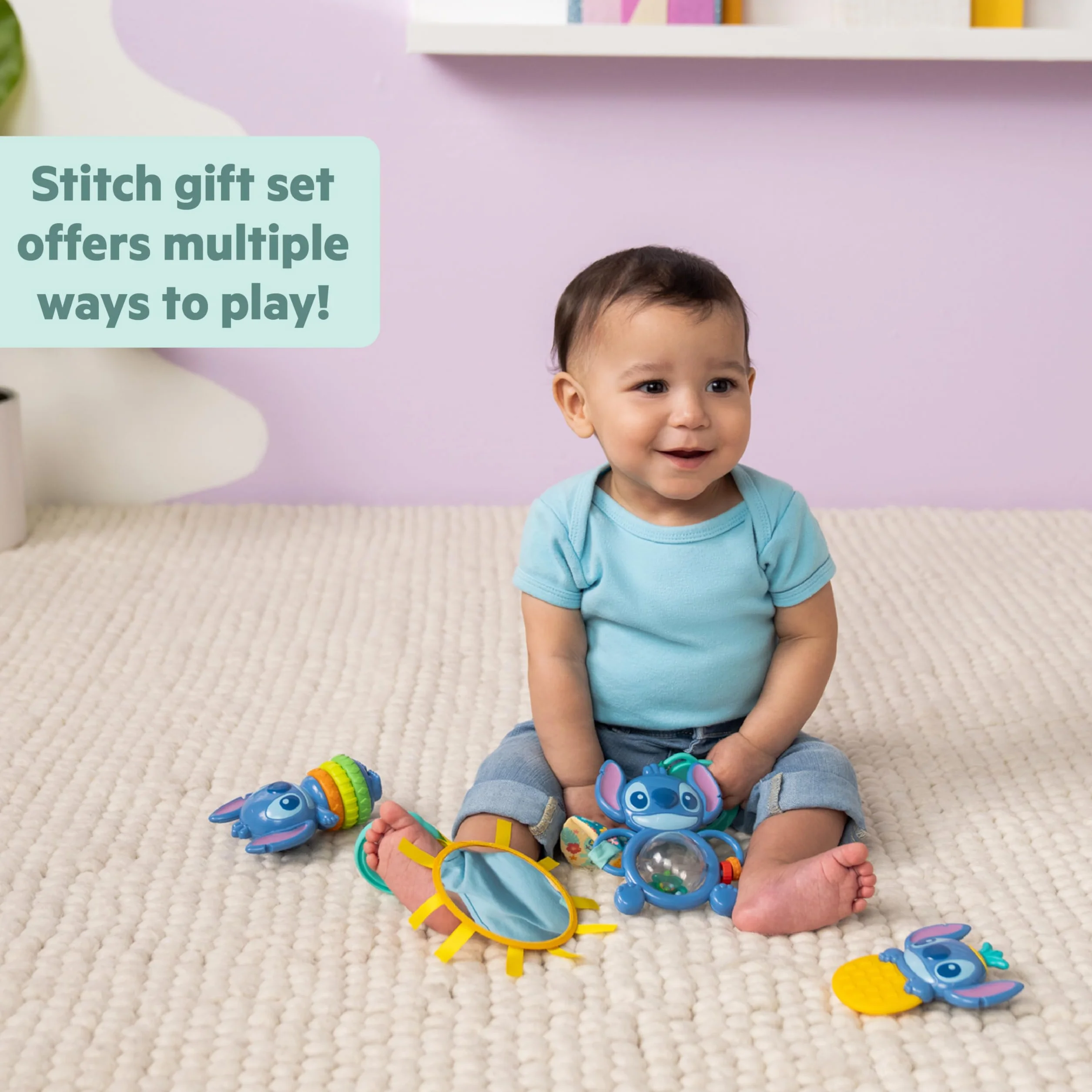 Bright Starts Disney Baby Stitch Coffret Cadeau Trésors Tropicaux 4 Jouets Miroir Anneau Dentition Nouveau-nés