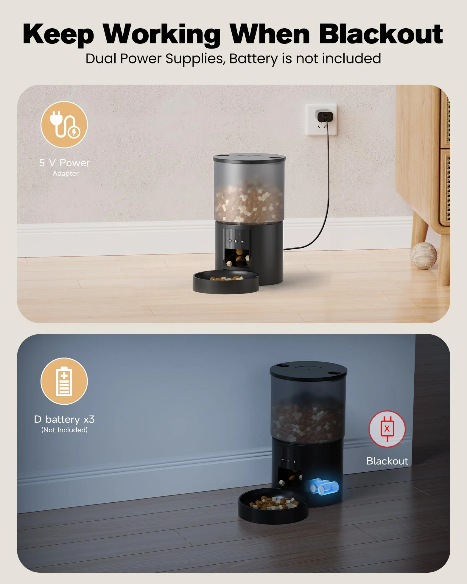 Distributeur Croquettes Chat Automatique WiFi 4L Noir Programmable Enregistrement Vocal 10S