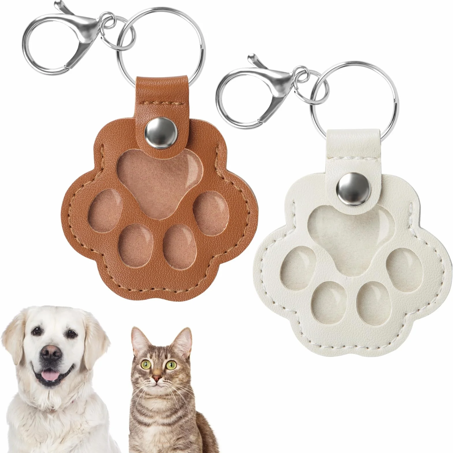 Kiiwah 2 Pièces Porte Clef en Forme de Patte Souvenir Chien Chat Décédé Personnalisée Collecteur Poils (Marron + Blanc)