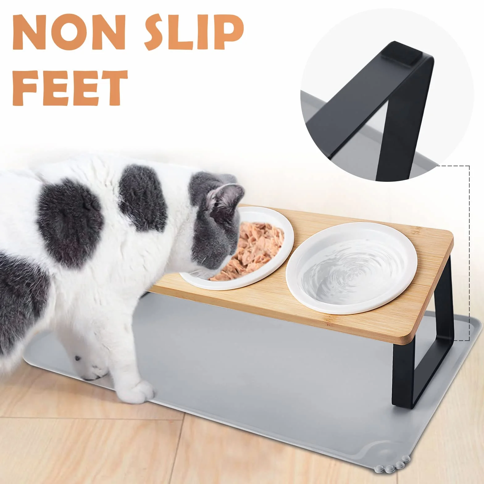 Gamelle Surélevée pour Chat et Petits Chiens, 3 Bols Céramique avec Support Incliné 15° et Tapis