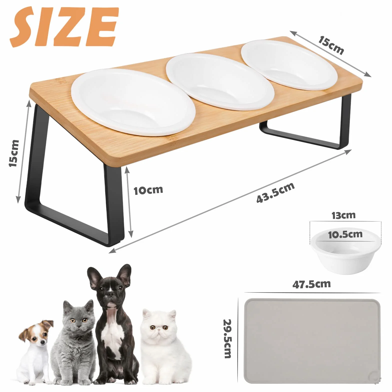 Gamelle Surélevée pour Chat et Petits Chiens, 3 Bols Céramique avec Support Incliné 15° et Tapis