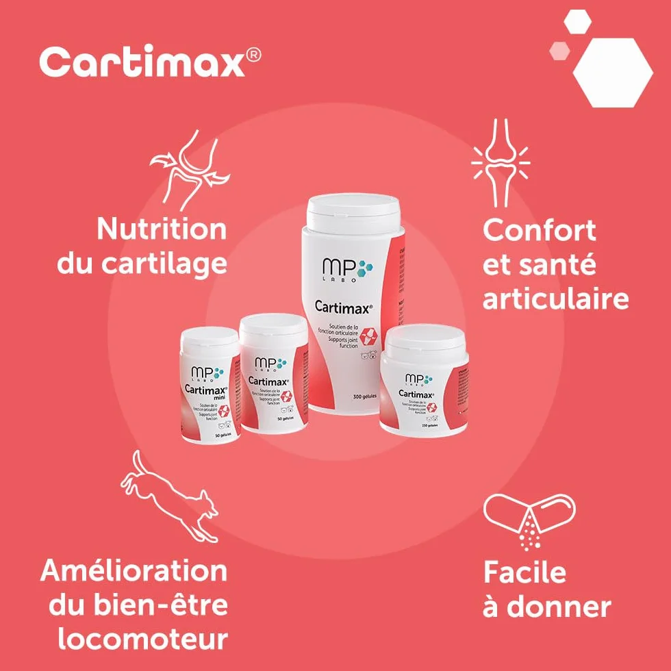 MP Labo Cartimax Soutien Fonction Articulaire Chien Chat Glucosamine Harpagophytum Reine des Prés Bambou Oligo-éléments 50 Gélules
