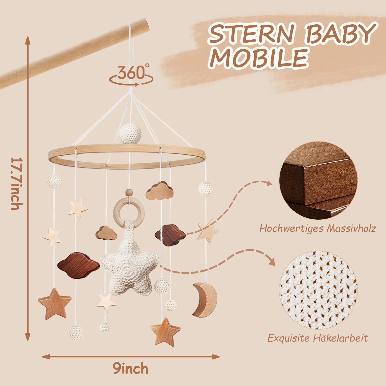 SWECOMZE Lit bébé mobile avec étoiles en bois Mobile bébé fille Cloche carillon de vent suspendu