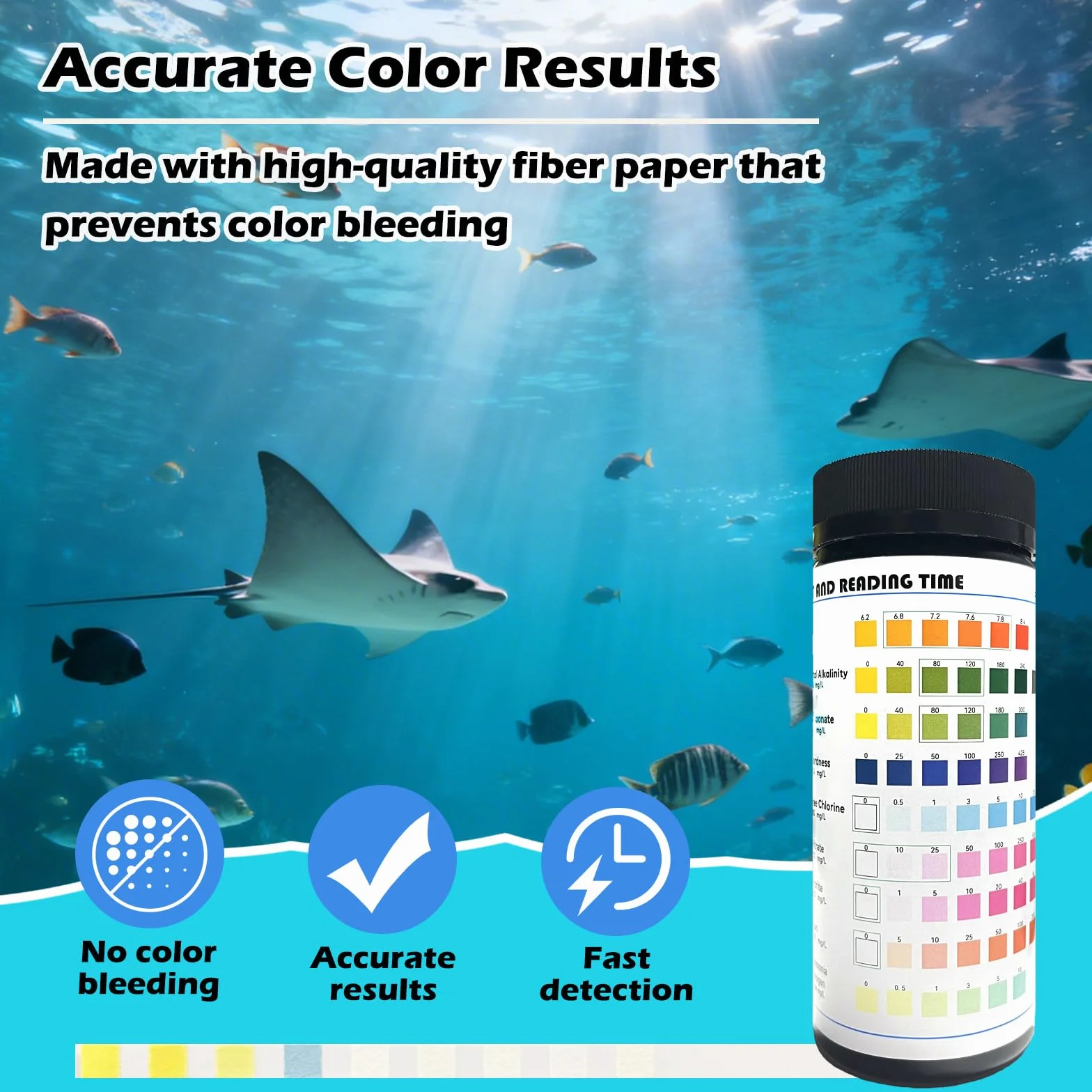 9 en 1 Test d'eau pour Aquarium, 100 Bandelettes de Test Eau pour PH, Alcalinité Totale, Dureté, Carbonatée, Nitrite, Nitrate, Chlore Fer et Ammoniac, Accessoire pour Bassins
