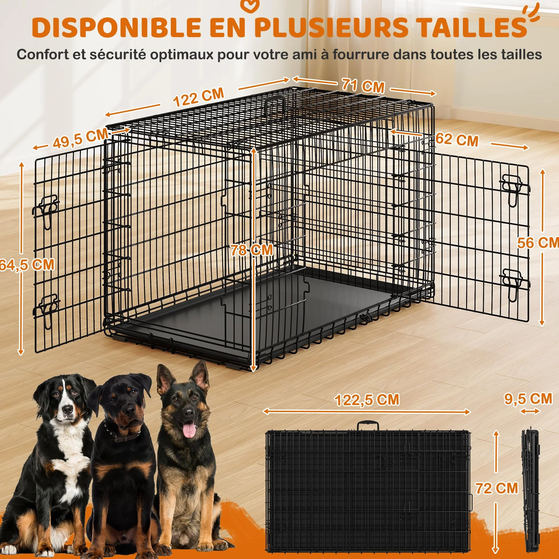 Yaheetech Cage pour Chien Pliable 122x71x78 cm Métal 2 Portes Verrouillables Plateau Amovible