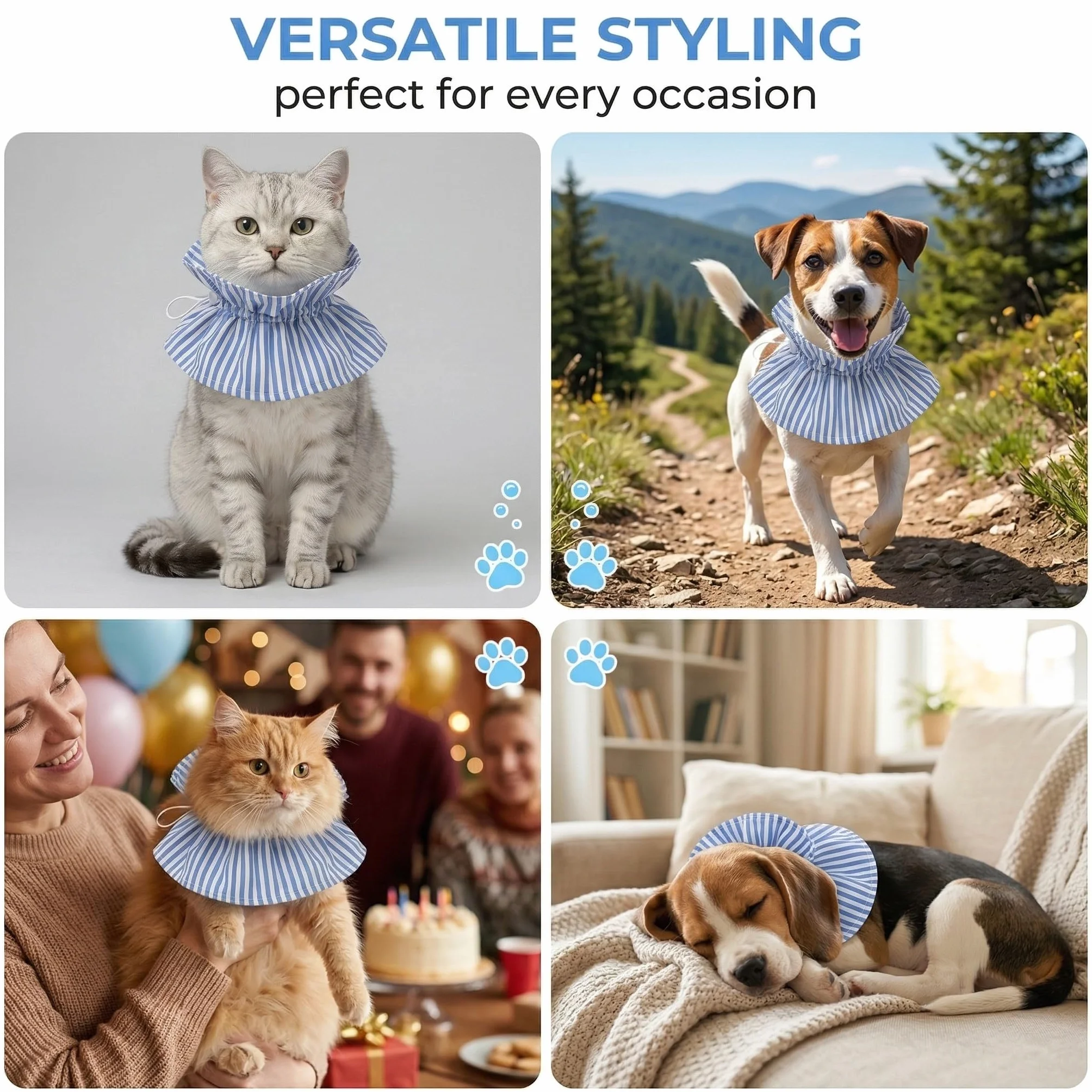 Collerette de Protection pour Chiens et Chats - Cône de Récupération Réglable Souple Après Chirurgie - Collier Anti-Léchage Anti-Grattage pour Animaux - Rayé Bleu