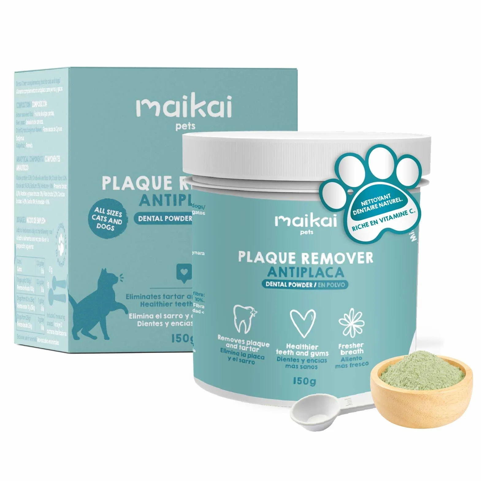 MAIKAI Poudre Anti-Tartre et Mauvaise Haleine pour Chien et Chat 150g – Complément Dentaire Naturel pour Santé Buccale