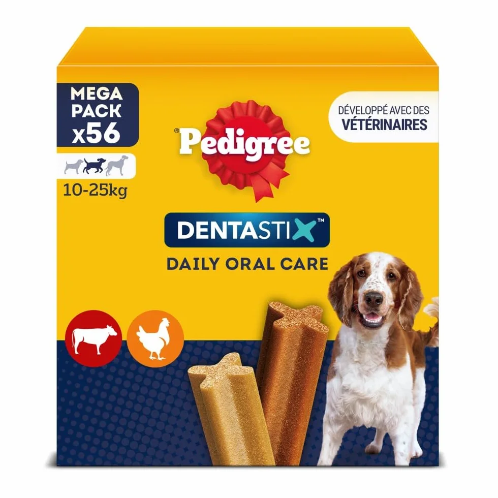 Pedigree DENTASTIX 56 Bâtonnets à Mâcher pour Chien Moyen 10-25kg, 8 Sachets de 7, Poulet et Bœuf, Détartrage Dentaire