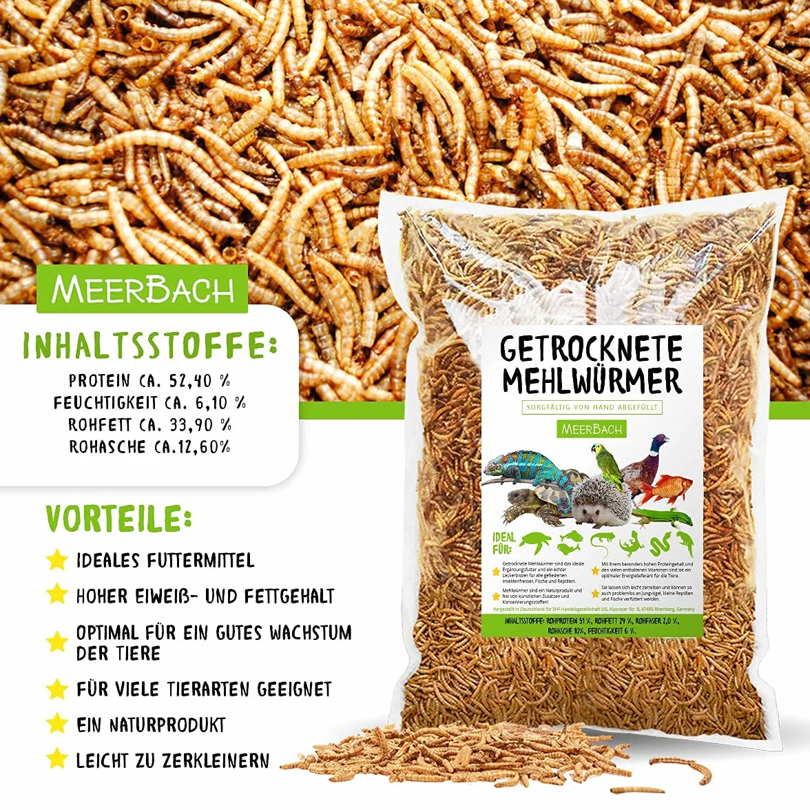 MeerBach & Rose vers de Farine Séchés 800g 5000ml Nourriture pour Poissons Oiseaux Tortues Hérissons Rongeurs Reptiles