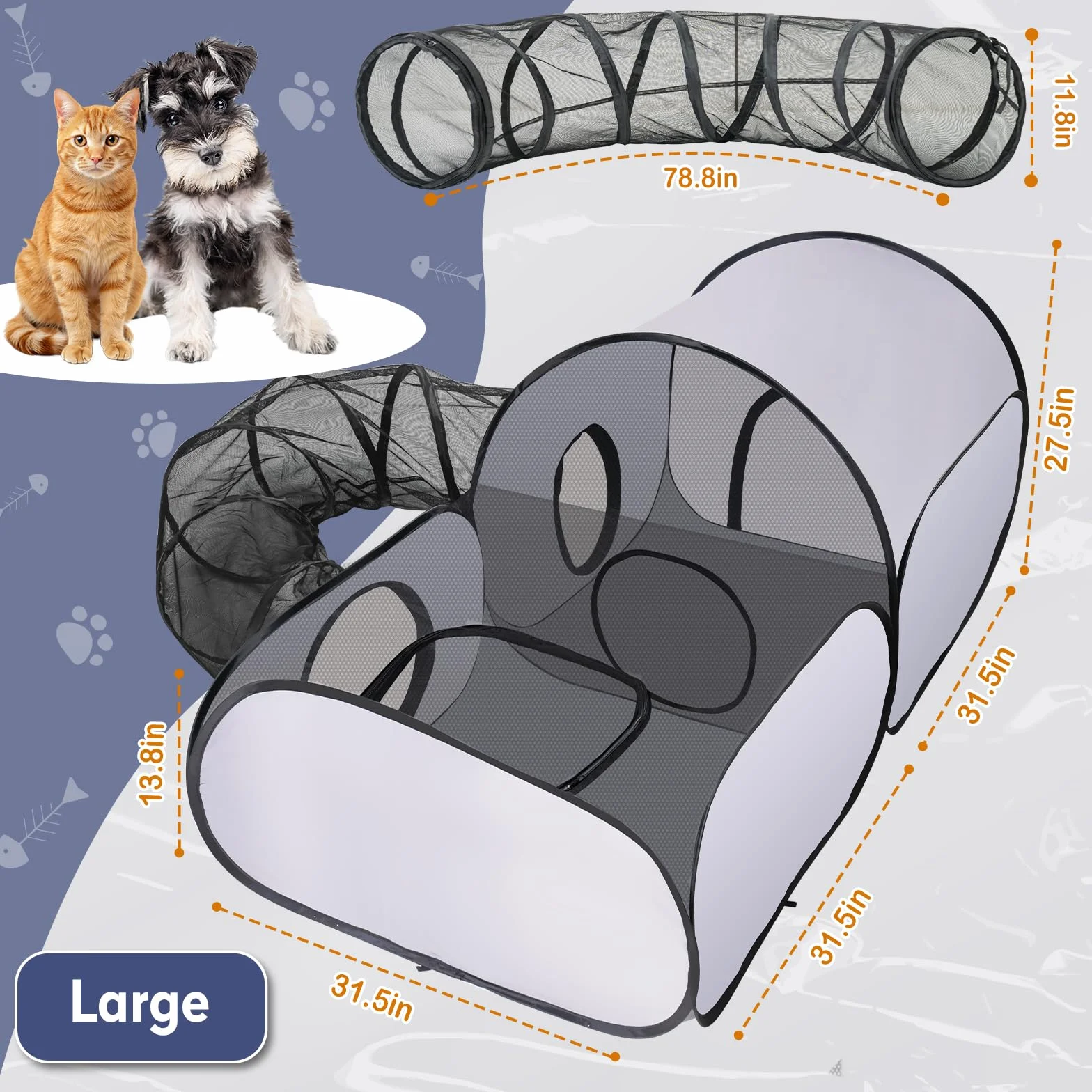 Parc pliable pour chat avec tunnel, tente portable pour animaux de compagnie, intérieur extérieur