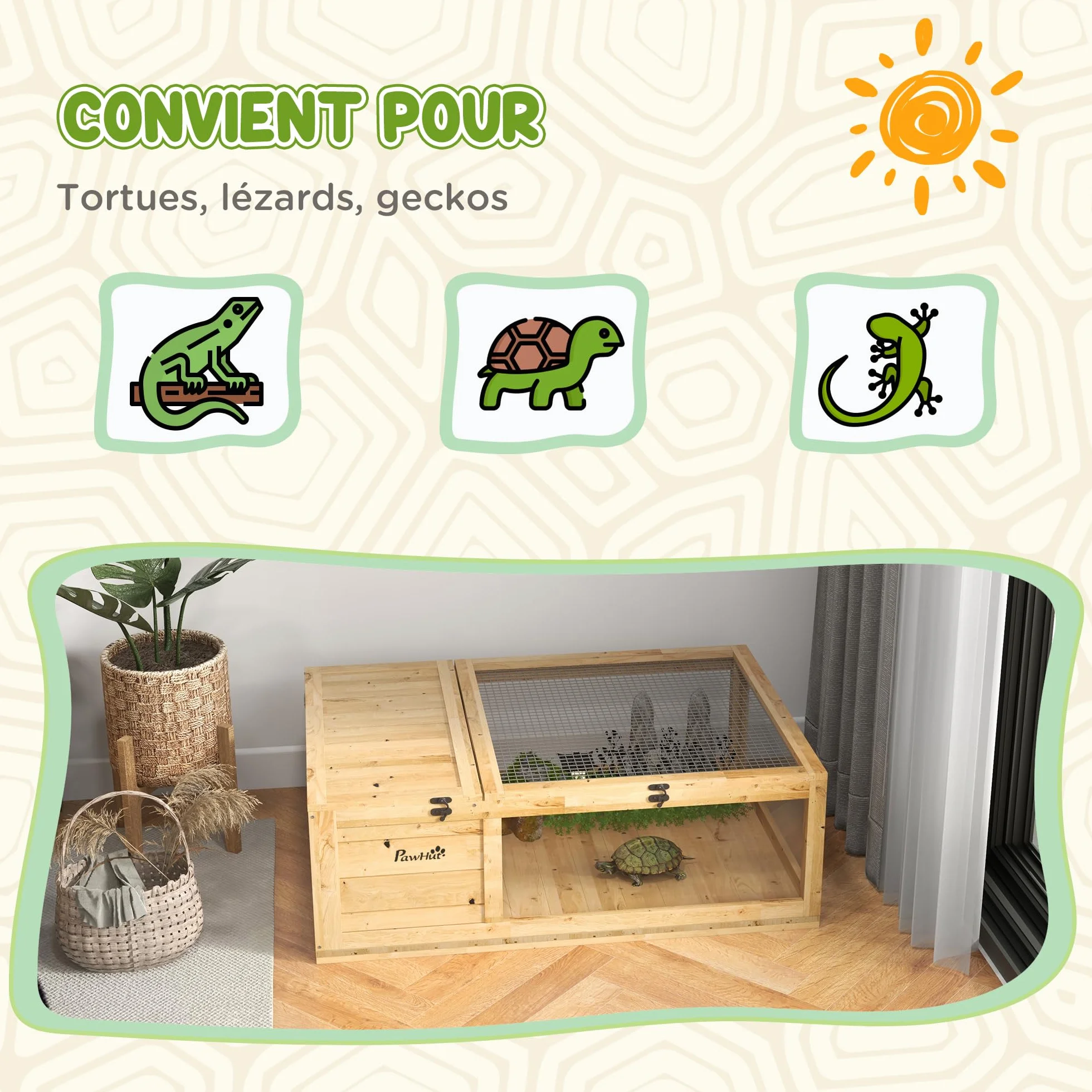 PawHut Maison pour Tortues de Terre avec Espace modulable 91x60,5x32cm Jaune Clair