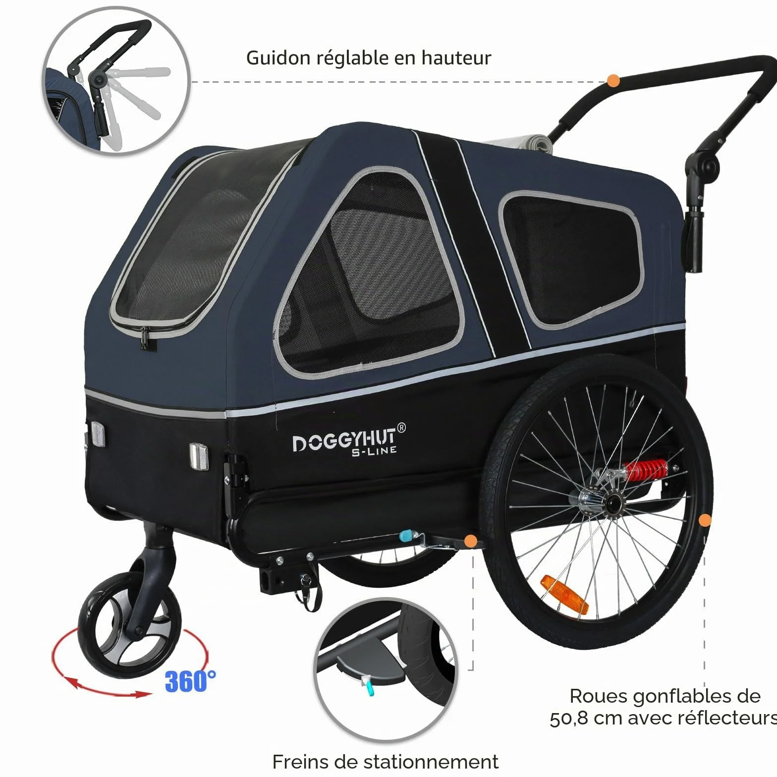 Remorque de vélo pour chiens DOGGYHUT® S-Line XL 45,4 kg, pliable, roues de suspension, frein de stationnement
