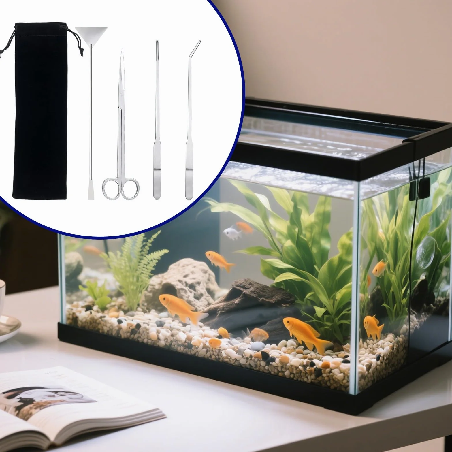 Kit d'outils d'aquarium en acier inoxydable 4 en 1, pince à aquascaping avec ciseaux, spatule et sac de rangement