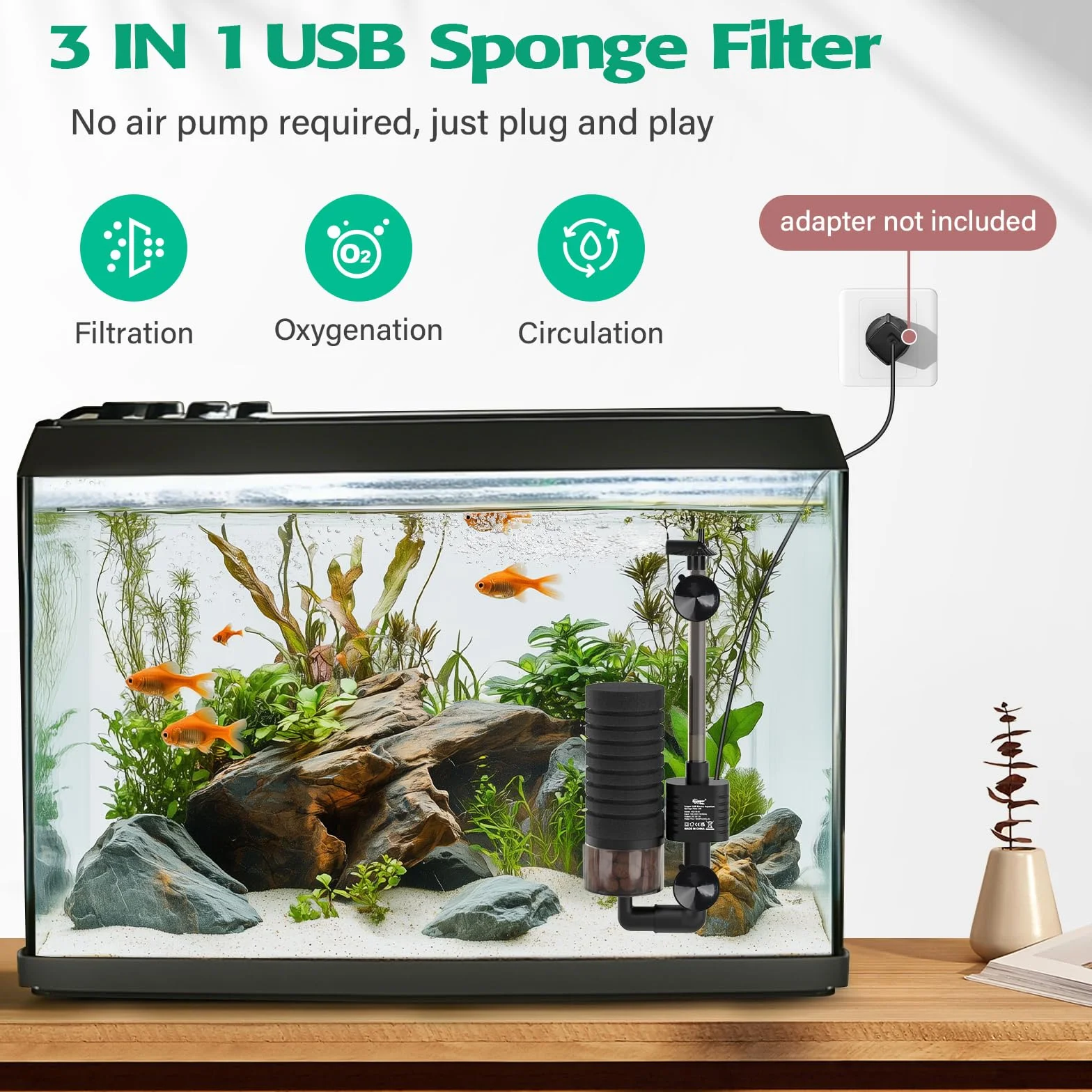Hygger Electric Sponge Filter USB Ultra Silencieuse Filtre Interieur Aquarium Submersible for 75L Breeding Fry Betta Shrimp