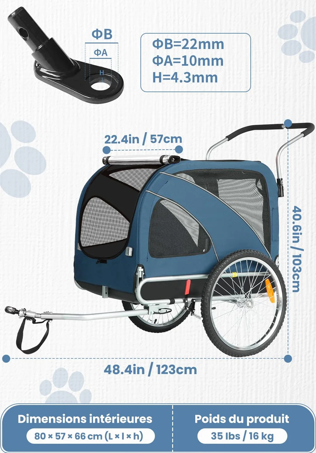 SEPNINE Remorque Vélo Chiens XL, Remorque 2 en 1 Pliable avec Frein de Stationnement, Charge Max 40 kg, Bleu
