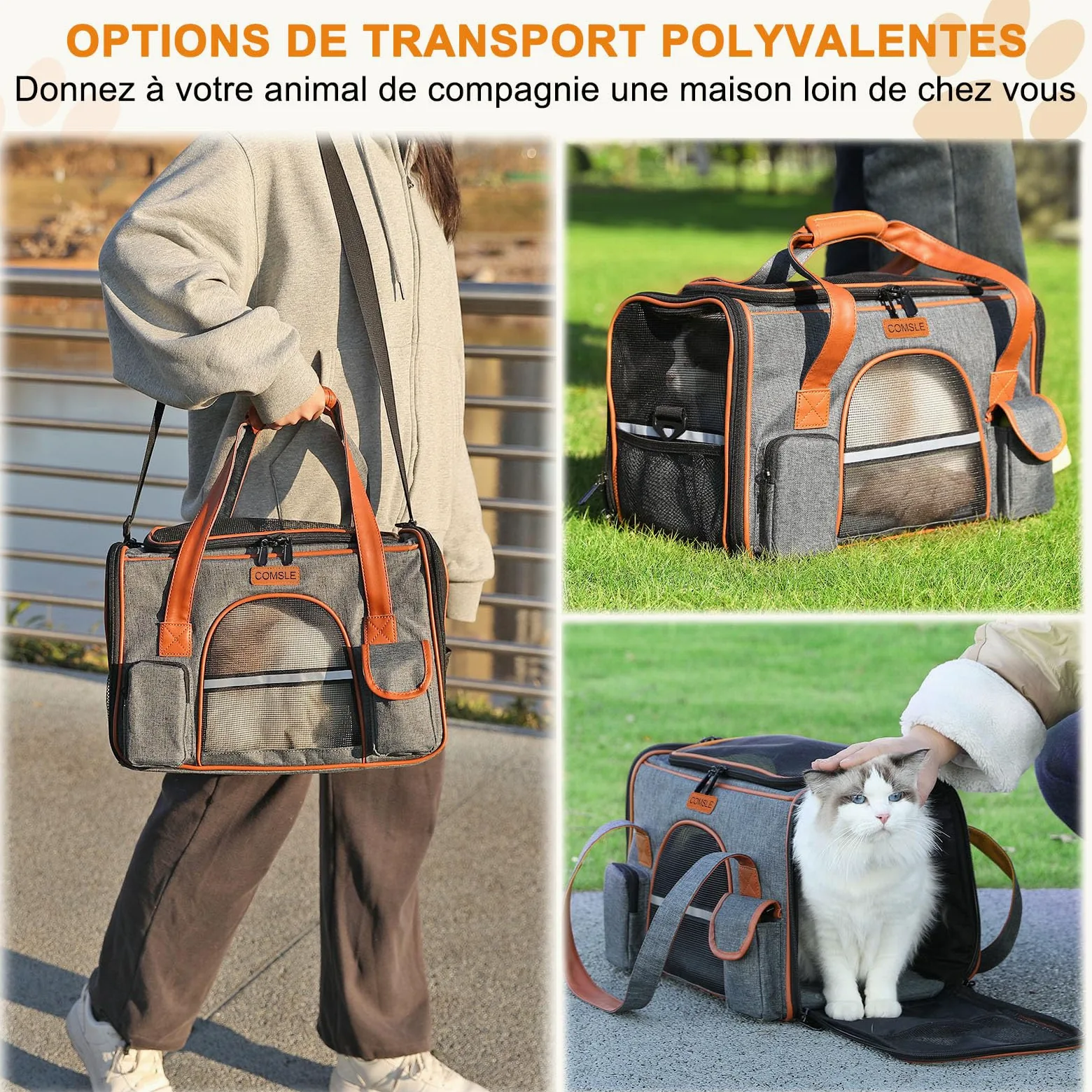 COMSLE Sac Transport Chat, Sac Transport Chat Chien avec 5 Filet Respirant, Caisse de Transport Chat Pliable avec Matelas Souple Amovible, Cage Transport Chat pour Voyage (Gris Foncé, M)
