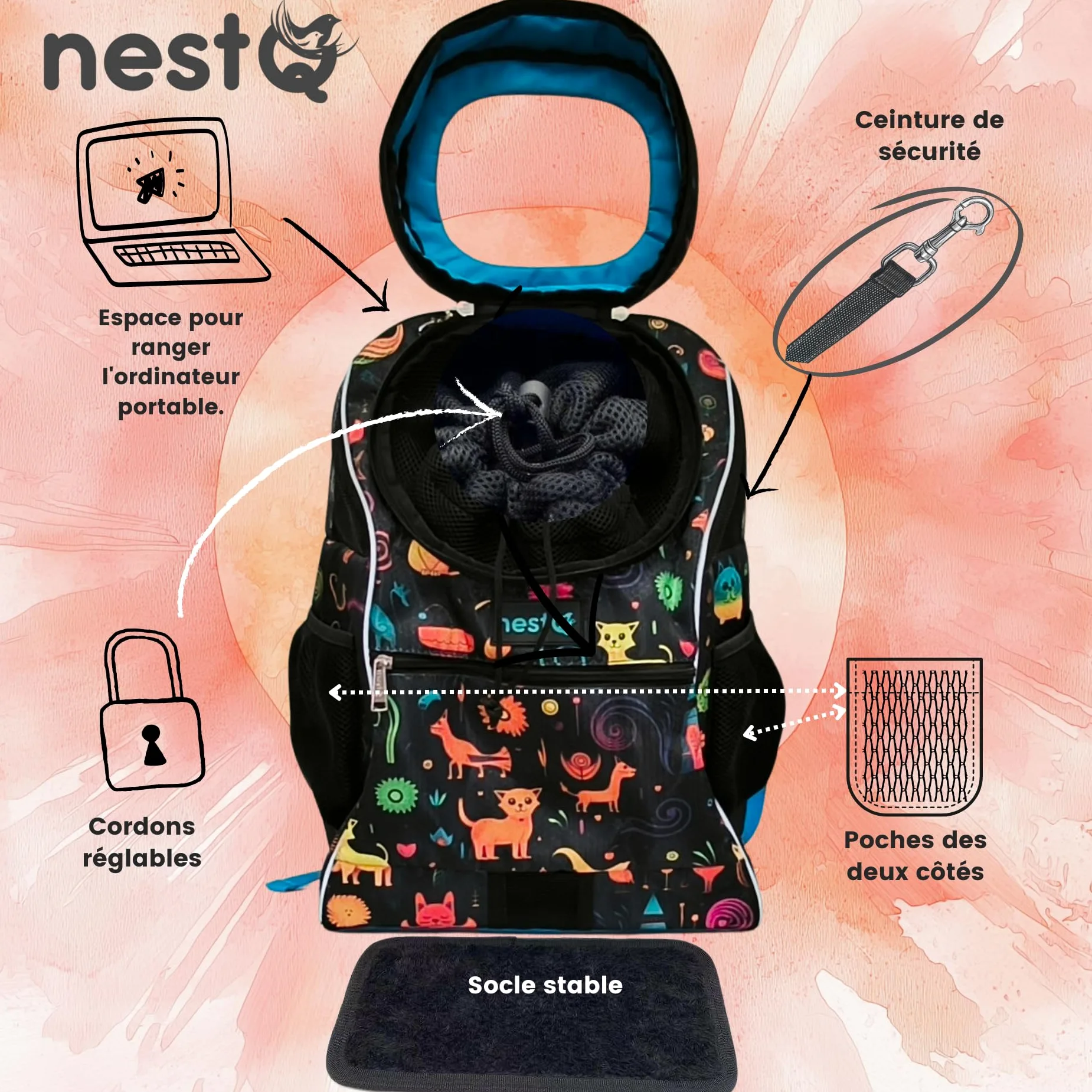 Sac à dos pour petits animaux de compagnie tels que chiens et chats jusqu'à 3 kg - Protection de la tête - Sac de voyage, transport chiots - Taille 43 x 30 x 20 cm