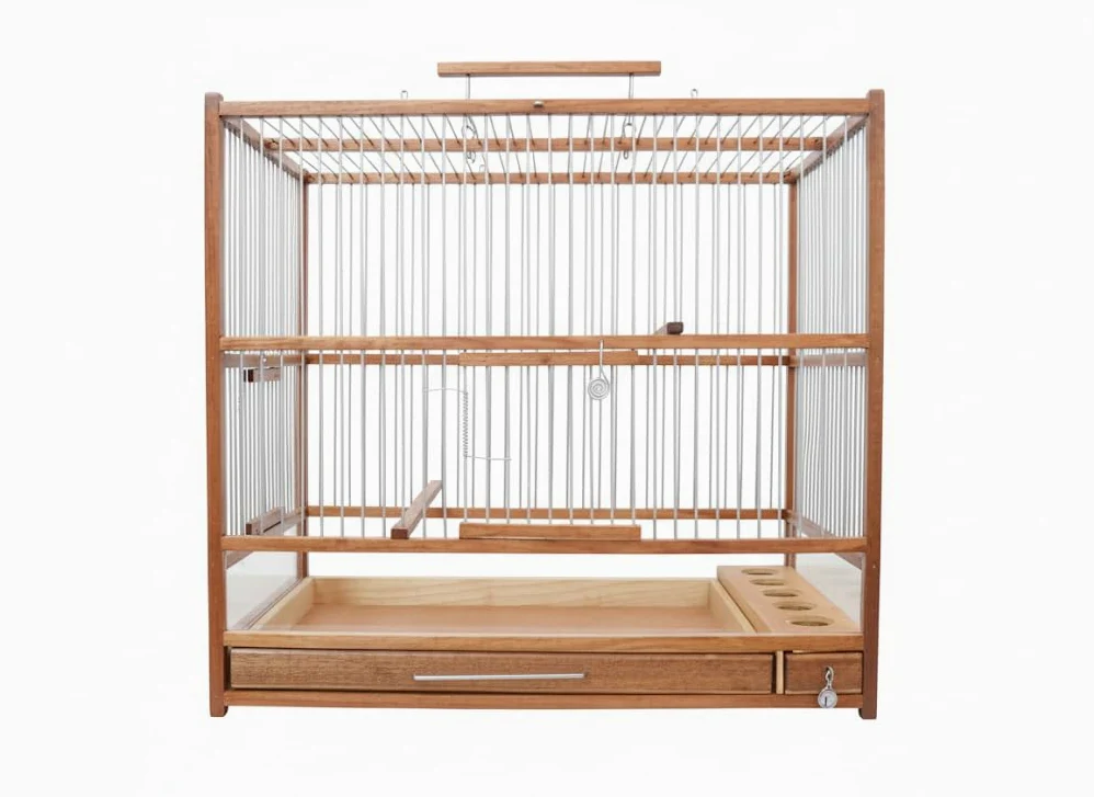 Grande cage à oiseaux en bois fabriquée à la main, plateau coulissant, plexiglas