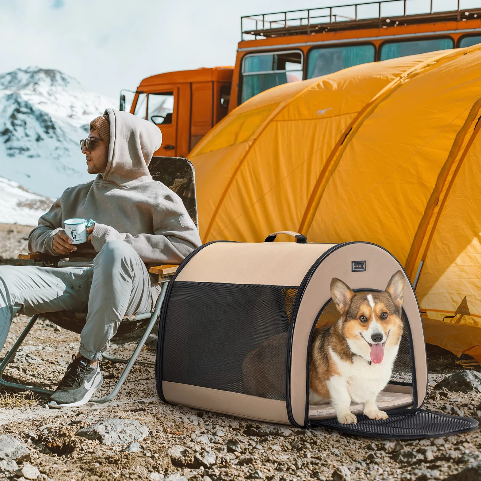 Petsfit Cage pour Chien Pliable pour Petits Chiens et Chats, Cage Chien à Domicile avec Design bombé, Caisse de Transport Chien avec Fermeture éclair Anti-Ouverture et Coussin en Peluche,S,Kaki
