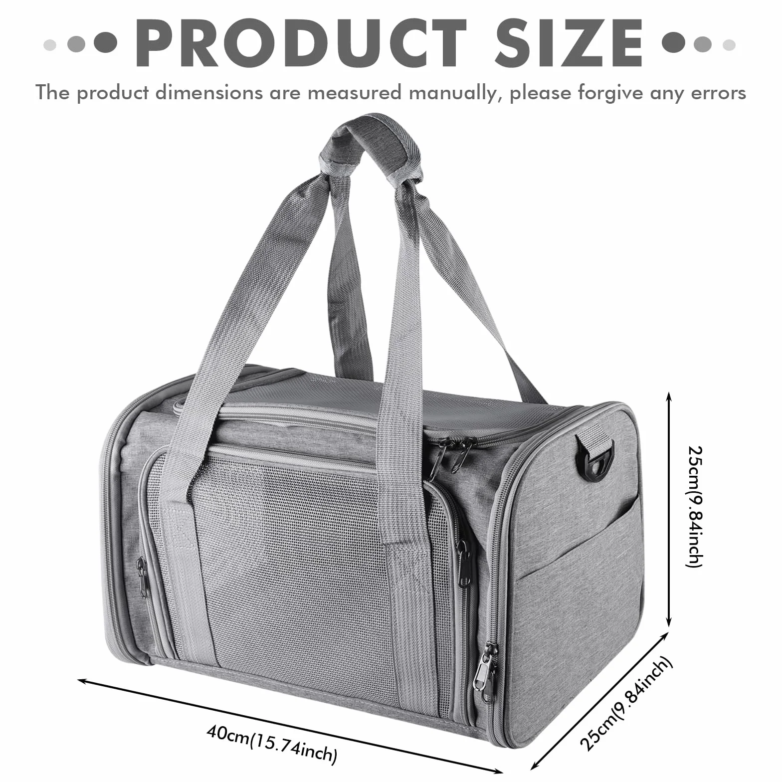 Sac de transport pour chat pliable avec bandoulière léger respirant 40 x 25 x 25 cm gris