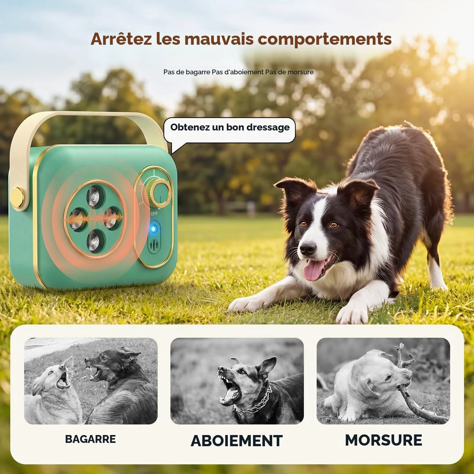 Appareil anti-aboiement pour chien, 5 modes, portable, à ultrasons, avec double fréquence, anti-aboiement efficace à longue portée pour le dressage en intérieur et en extérieur