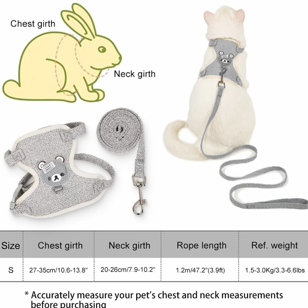 Harnais Lapin Nain, Laisse Réglable, Respirant Gris