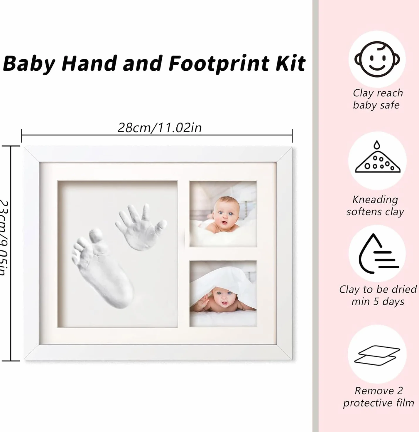 Cadre Empreintes Pieds et Mains Bébé, Cadre Photo de Douche, Cadeau de Baptême, Kit d'Enregistrement Nouveau-Né, Blanc 27.9 x 22.8 x 1.8 cm