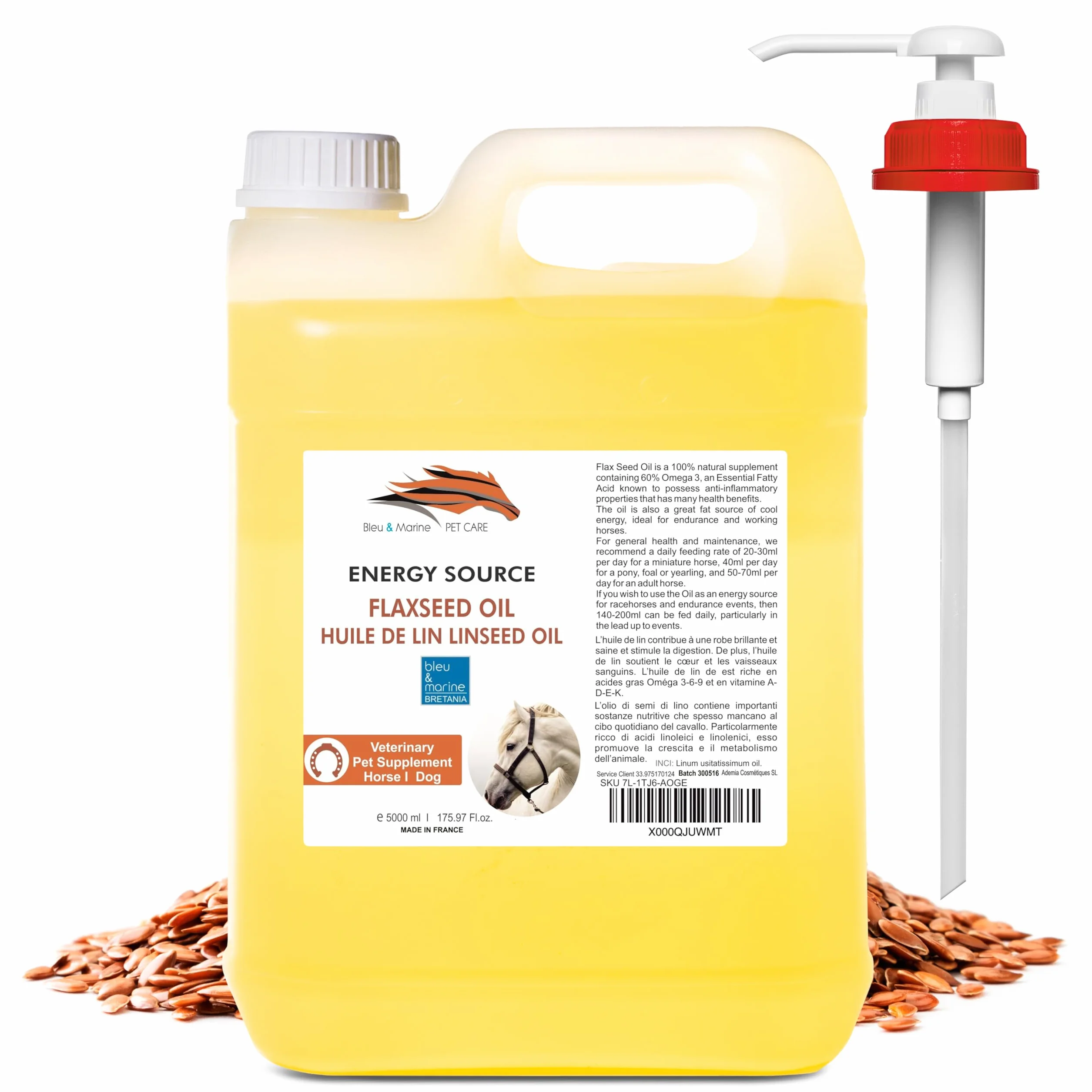Huile de Lin VET Alimentaire 5000 ML Omega 3-6-9 Vitamines A-D-E-K pour Digestion Cœur Vaisseaux Sanguins