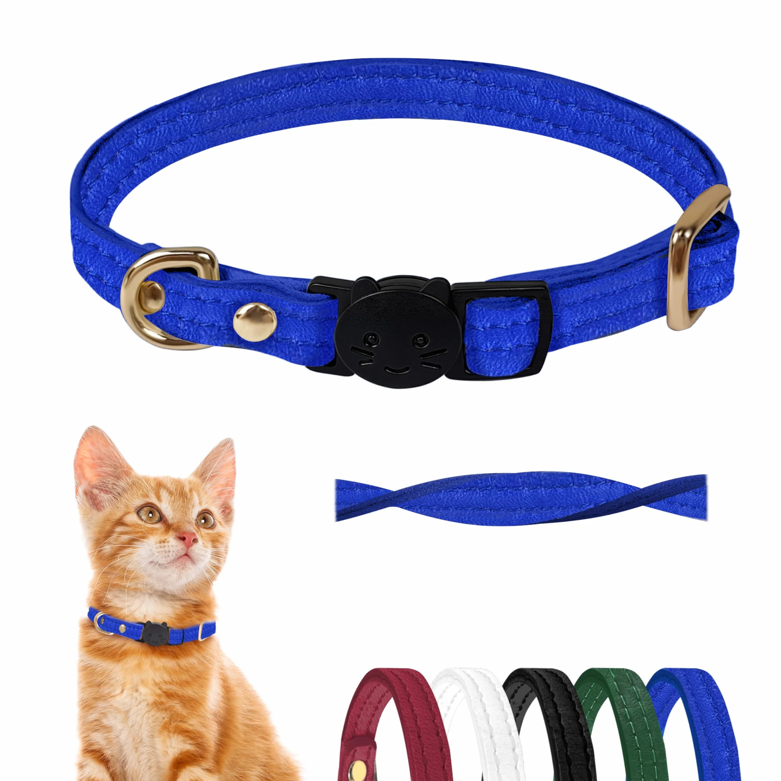 Collier Chat Anti-Étranglement en Cuir d'agneau Boucle Amovible Bleu